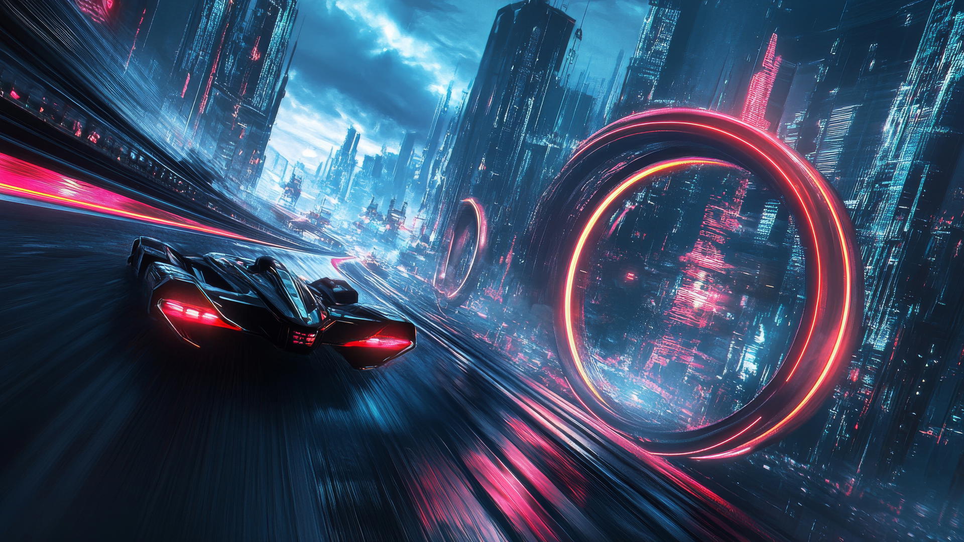 futuristic race track with flying cars and neon rings, cool wallpapers for boys