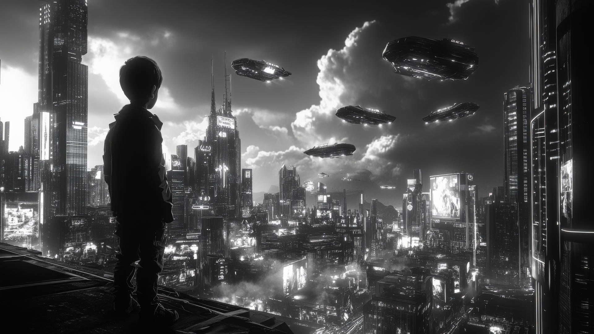 Cool wallpapers for boys: dystopian sci-fi cityscape with neon lights and a lone boy