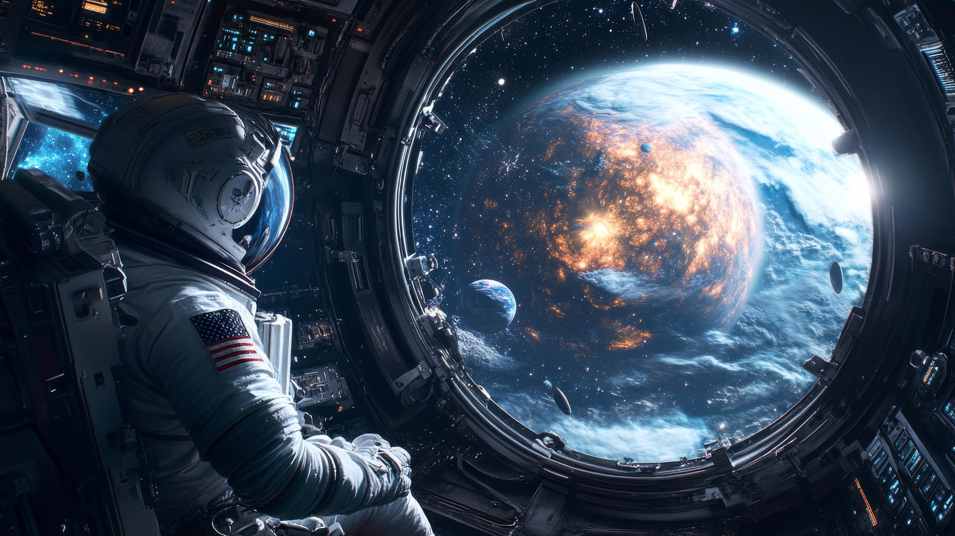 3D astronaut floating in zero gravity near a planet and galaxies seen through a space station window