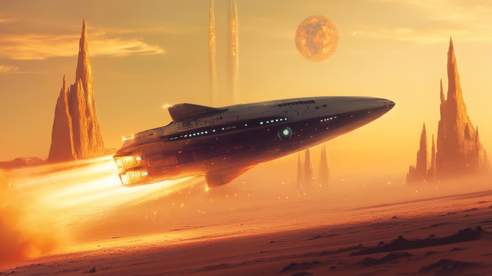 Futuristic spaceship flies low over desert planet with glowing alien structures in background.