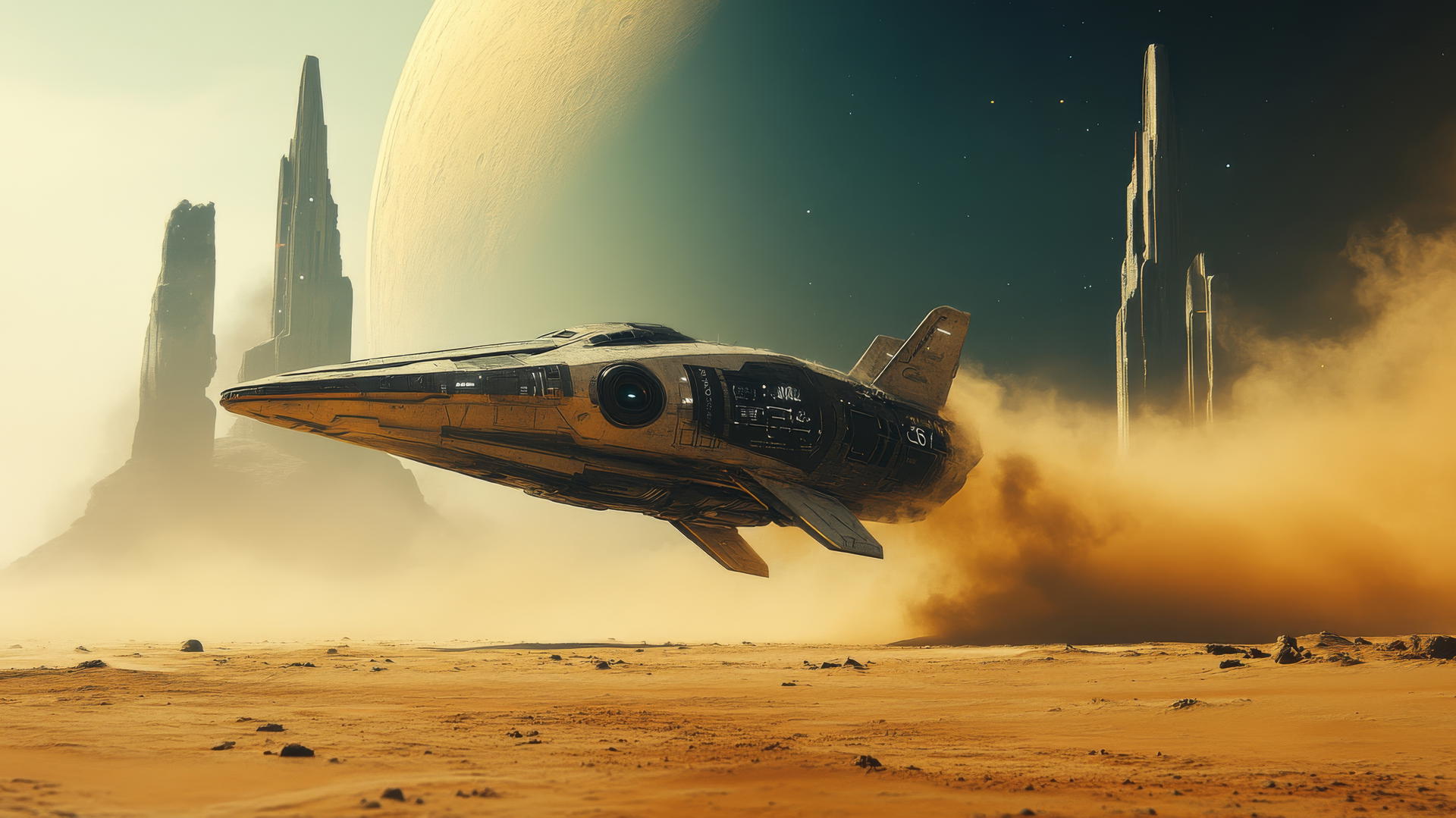 Futuristic spaceship flying low over a desert planet with glowing alien structures in the background