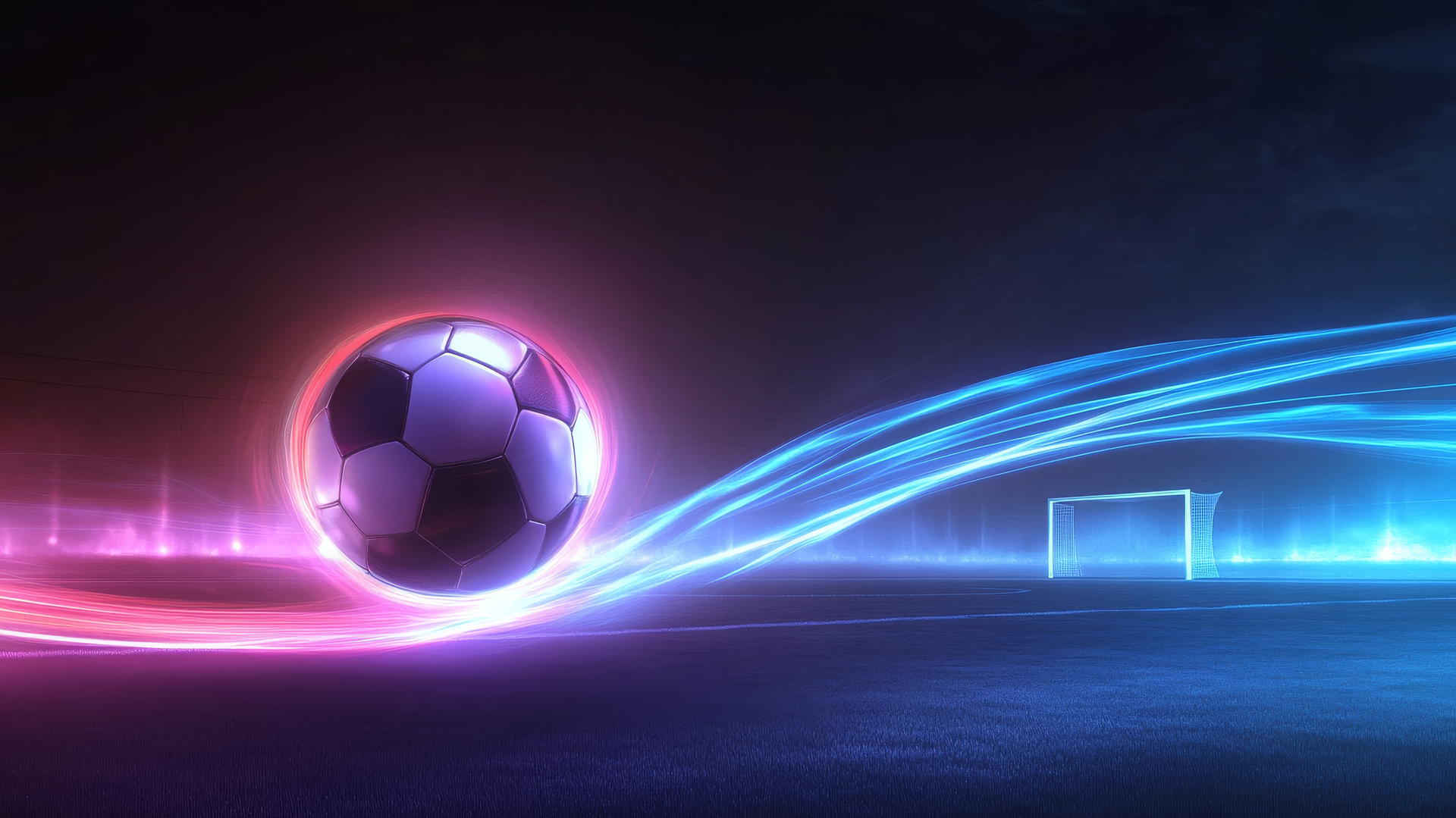 glowing soccer ball mid-air with neon light trails on dark background