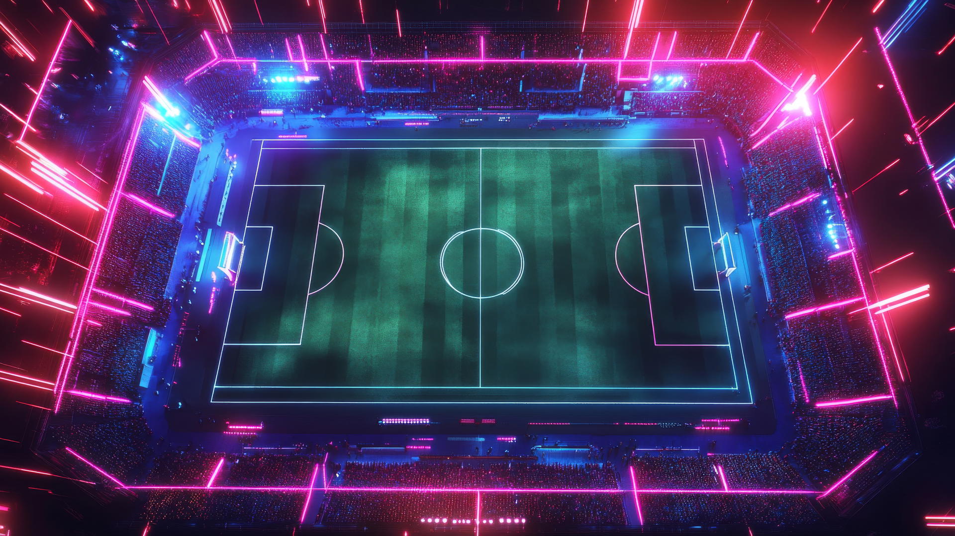 Geometric aerial view of a soccer stadium with glowing pitch lines and neon crowd lights.