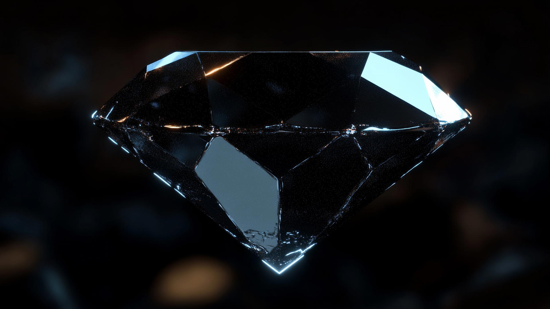 Glowing black diamond hovering in space with neon outlines and black background