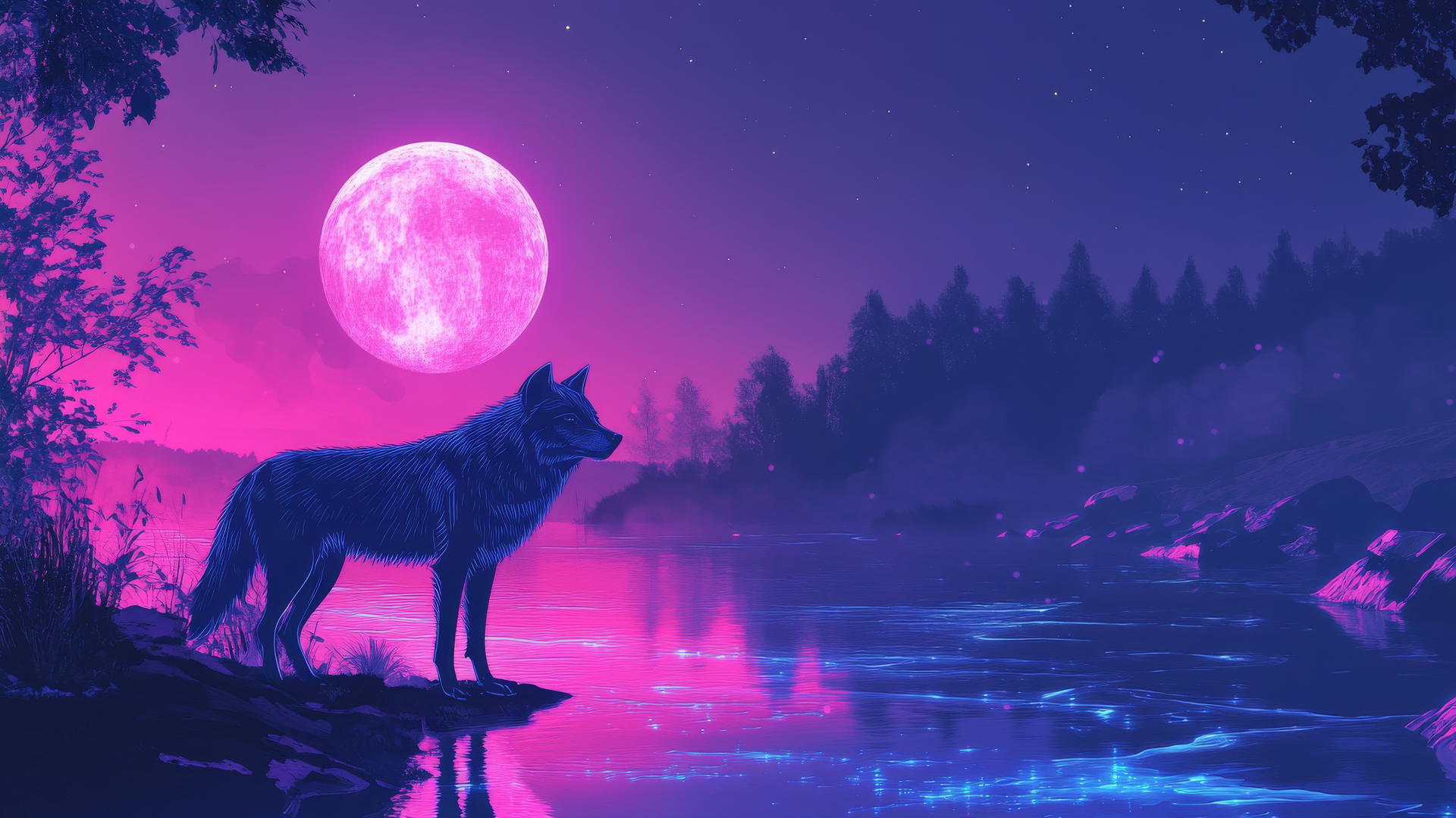 Minimalist outline of a wolf by a glowing river with neon reflections and moonlit sky