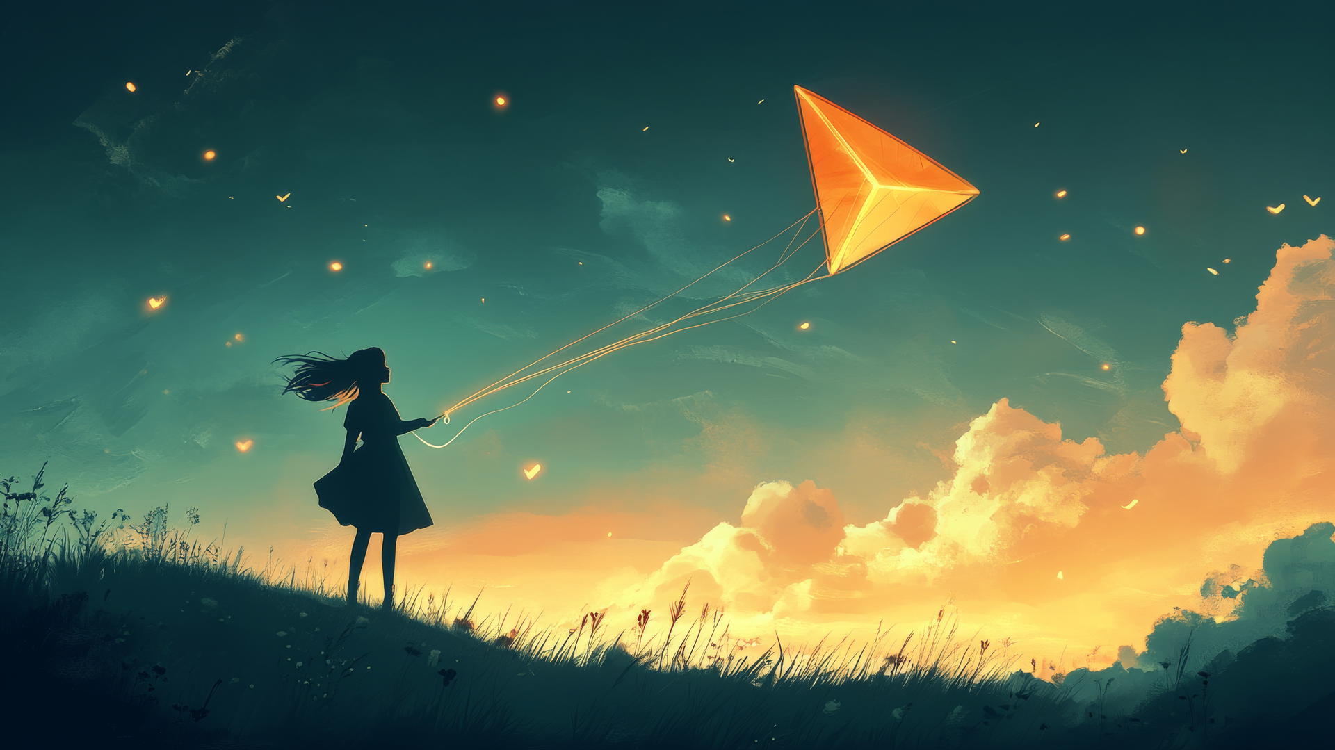 Girl flying glowing kite with soft light streaks in minimalistic landscape
