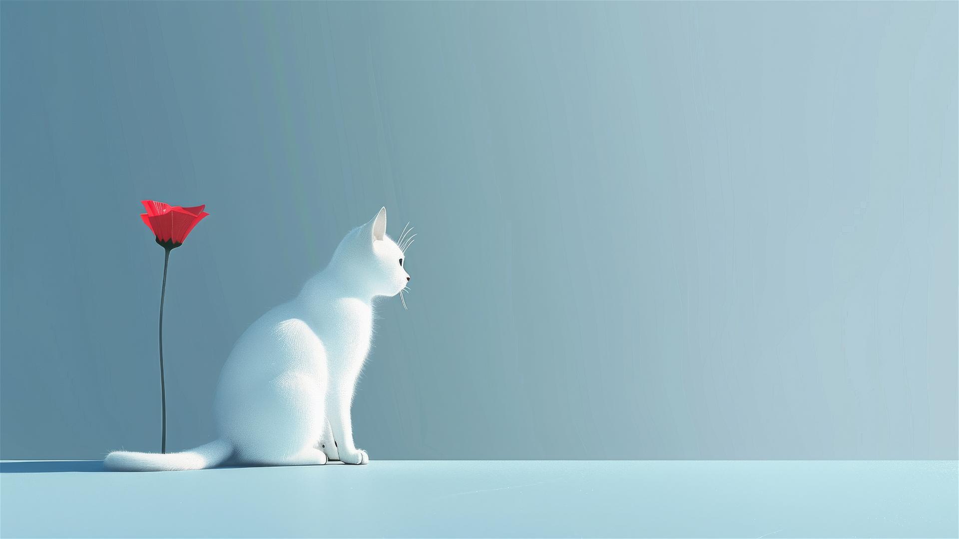 White cat with a flower in a minimalist, humorous Takeshi Kitano style.