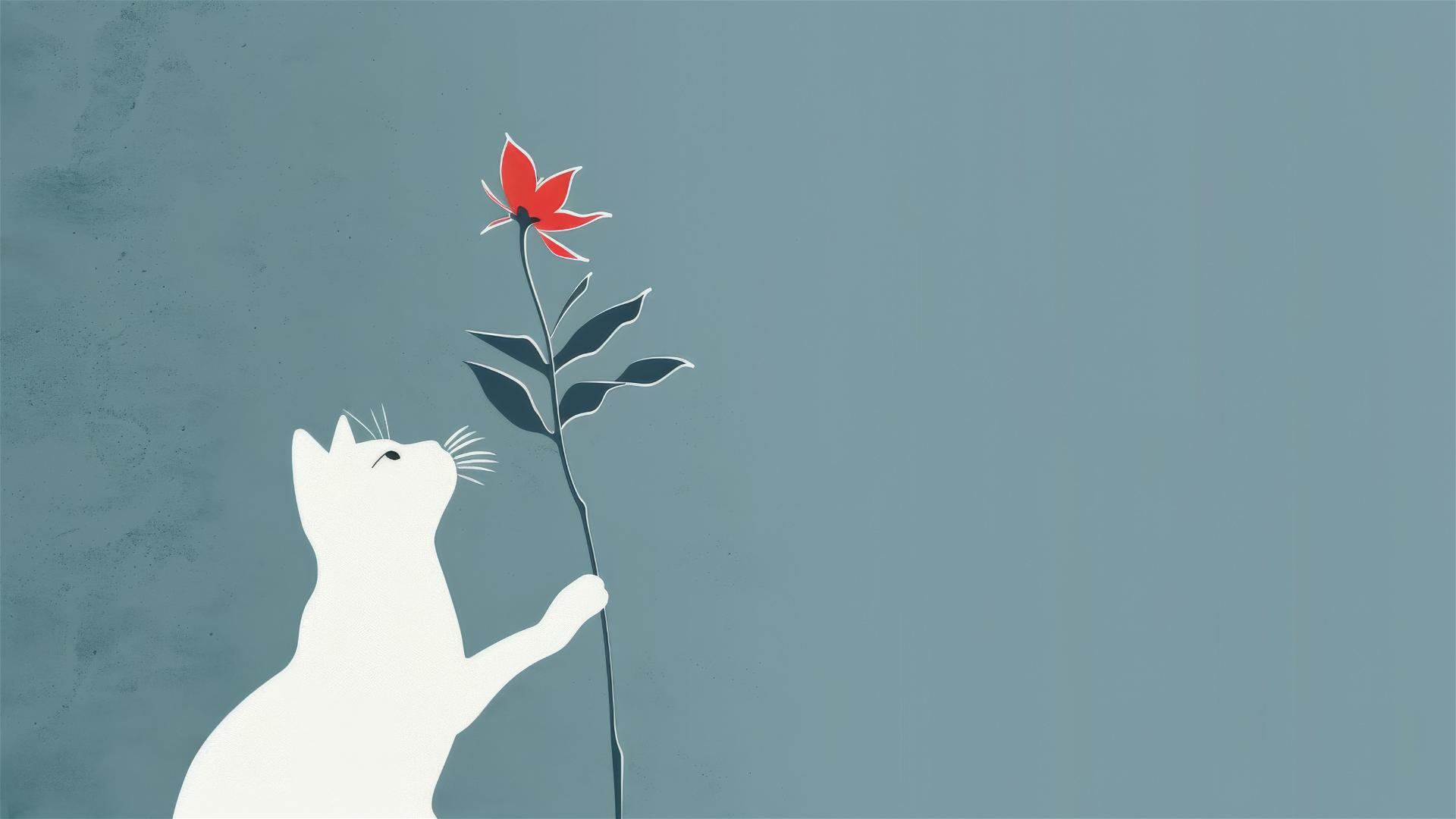 White cat and flower in a humorous Takeshi Kitano style.