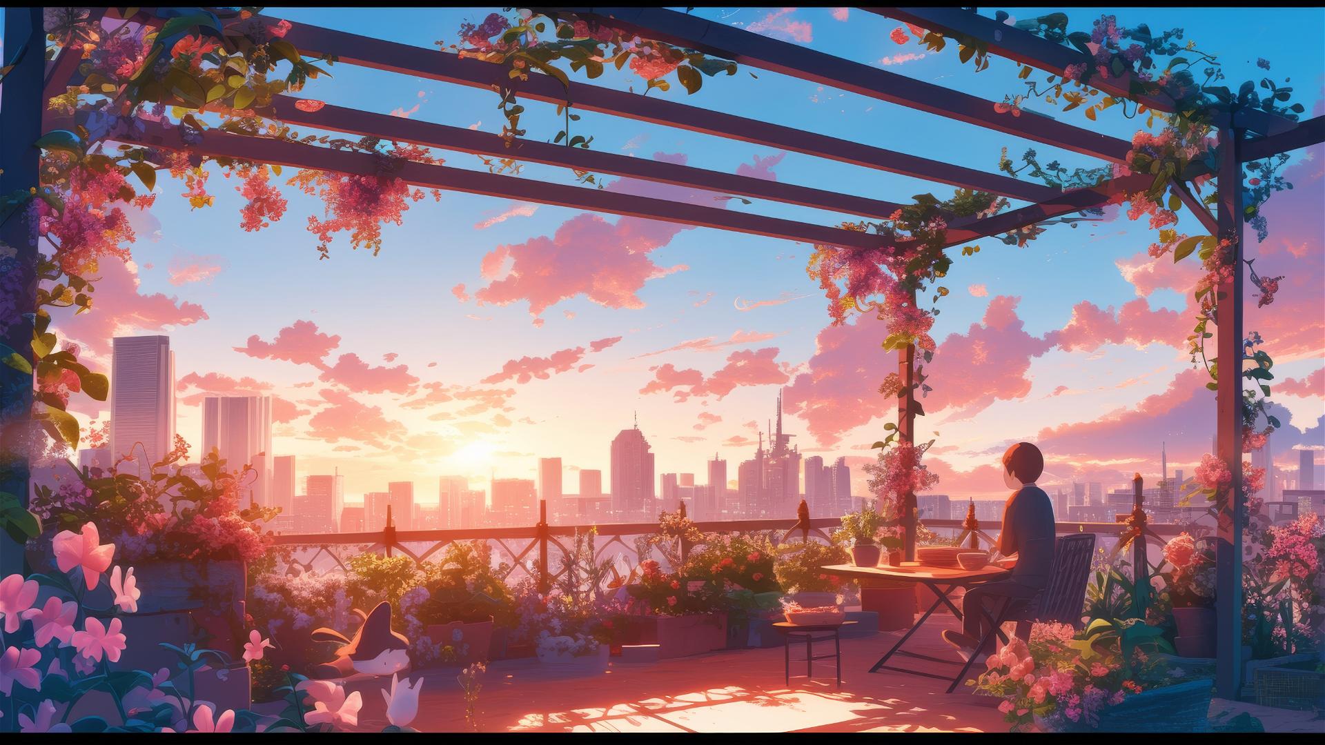 Ghibli-style garden on rooftop with sunset, city view, magical creatures.