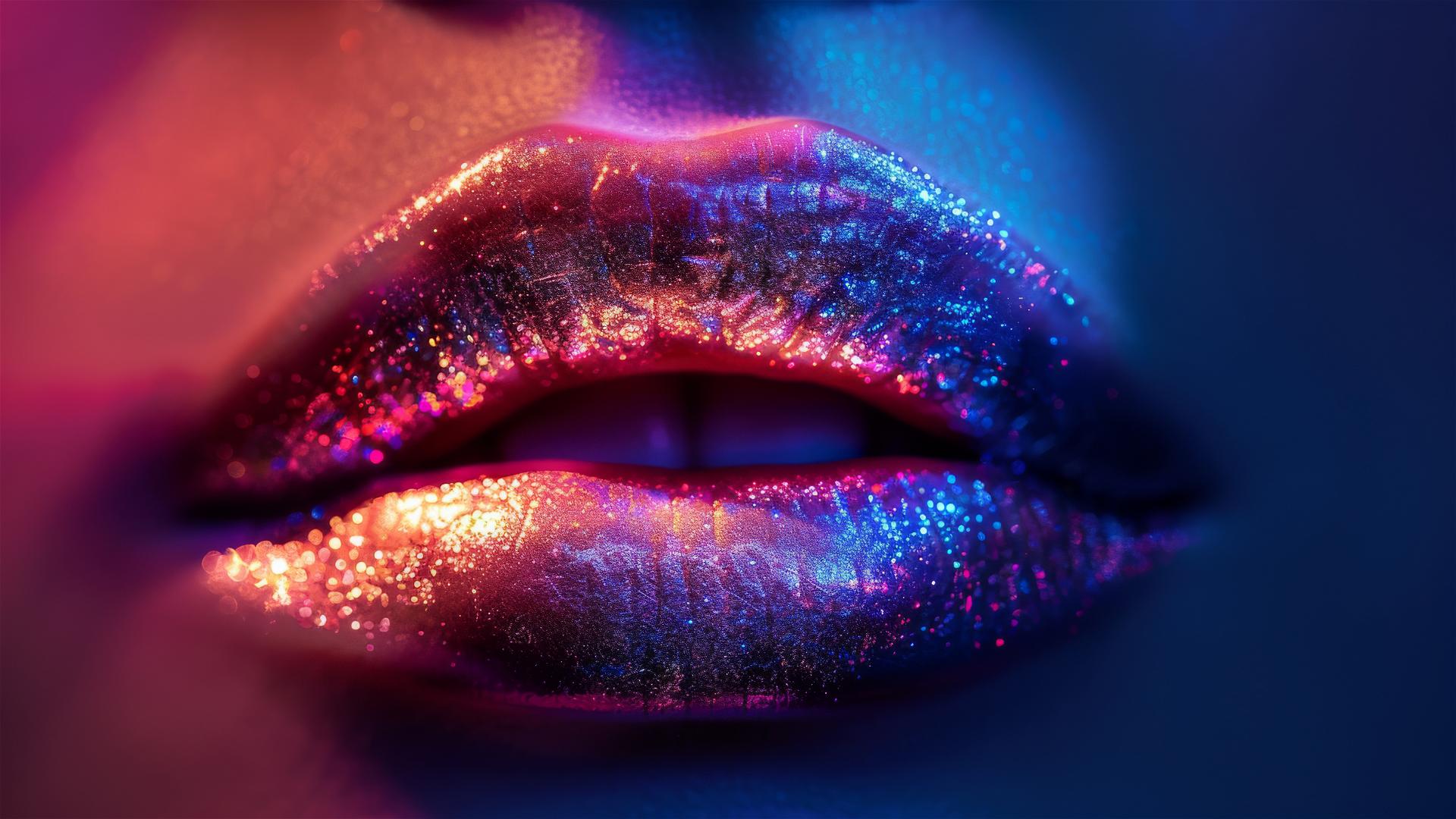 Glowing neon stained glass female lips