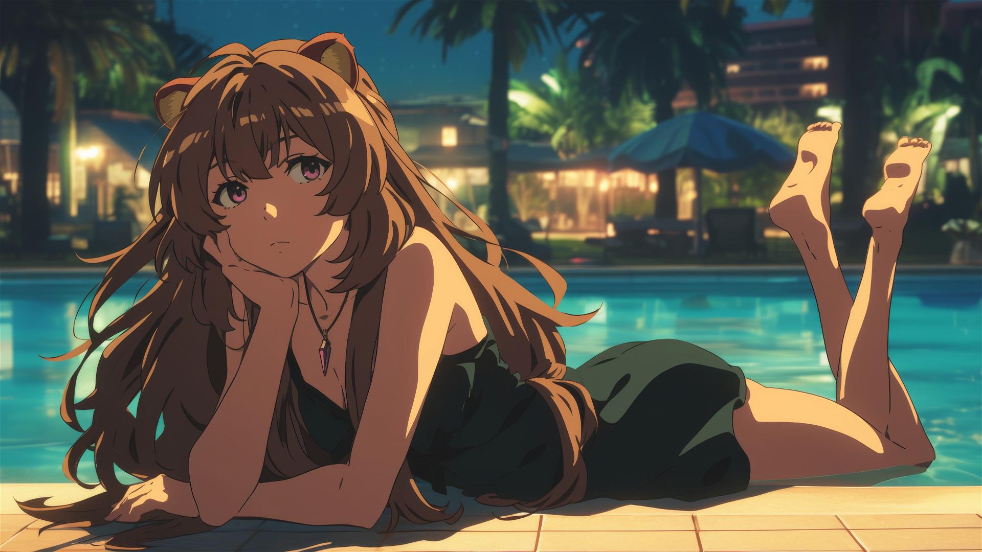 Raphtalia by pool under moonlight