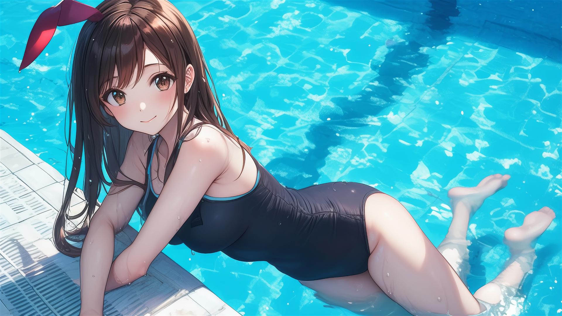 Mizuhara Chizuru by pool in moonlight, brown hair with bangs, light brown eyes