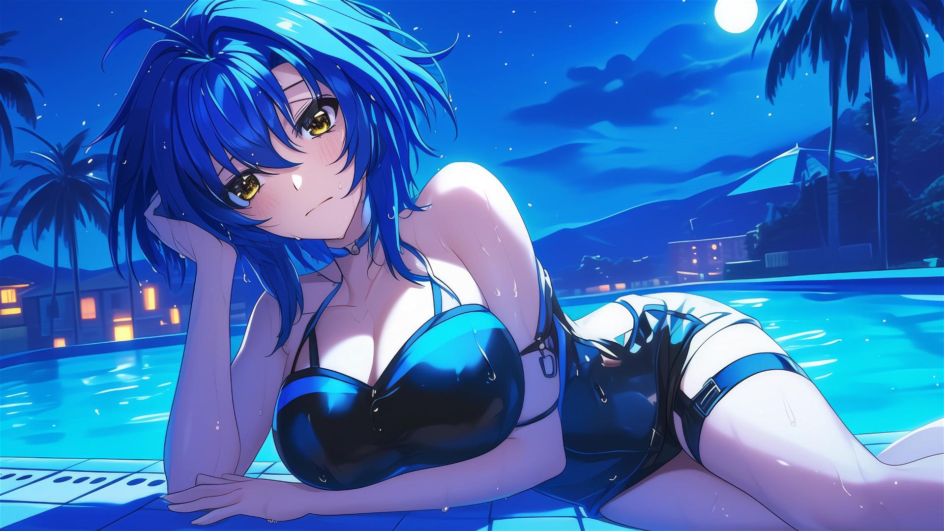 Xenovia from High School DxD swimming in pool under moonlight