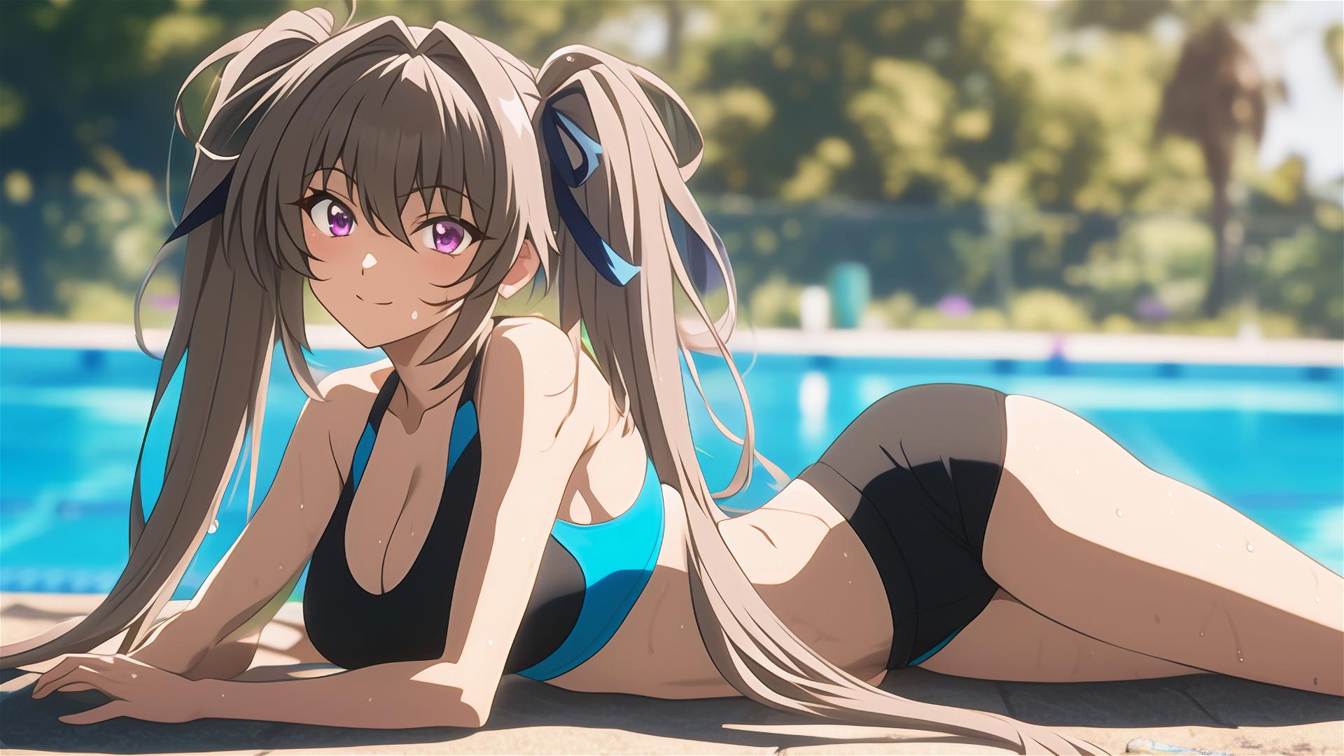 Irina Shidou from High School DxD by the pool under moonlight, violet eyes, twintails