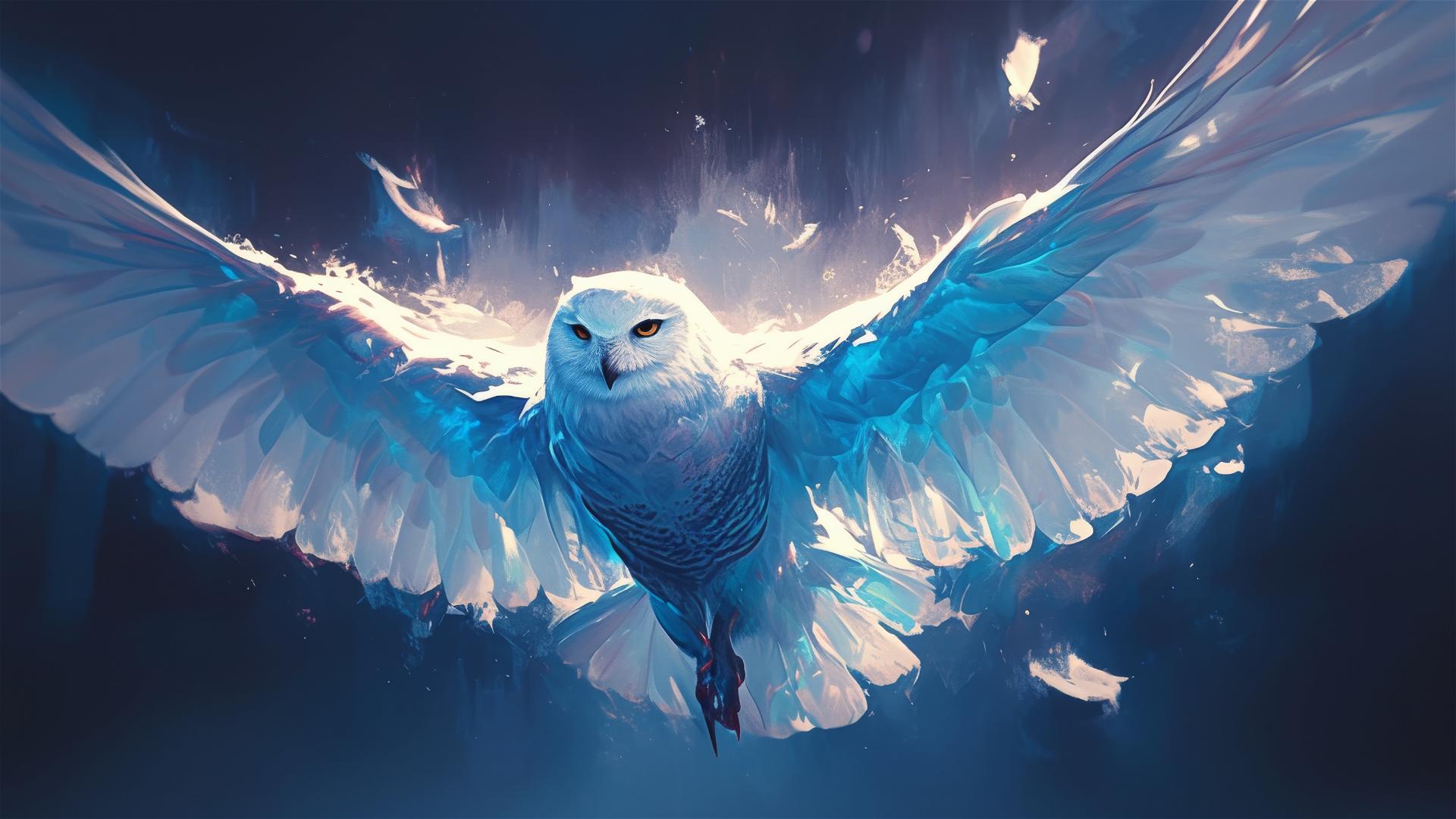 Hedwig from Harry Potter illustration with spotlight on dark background