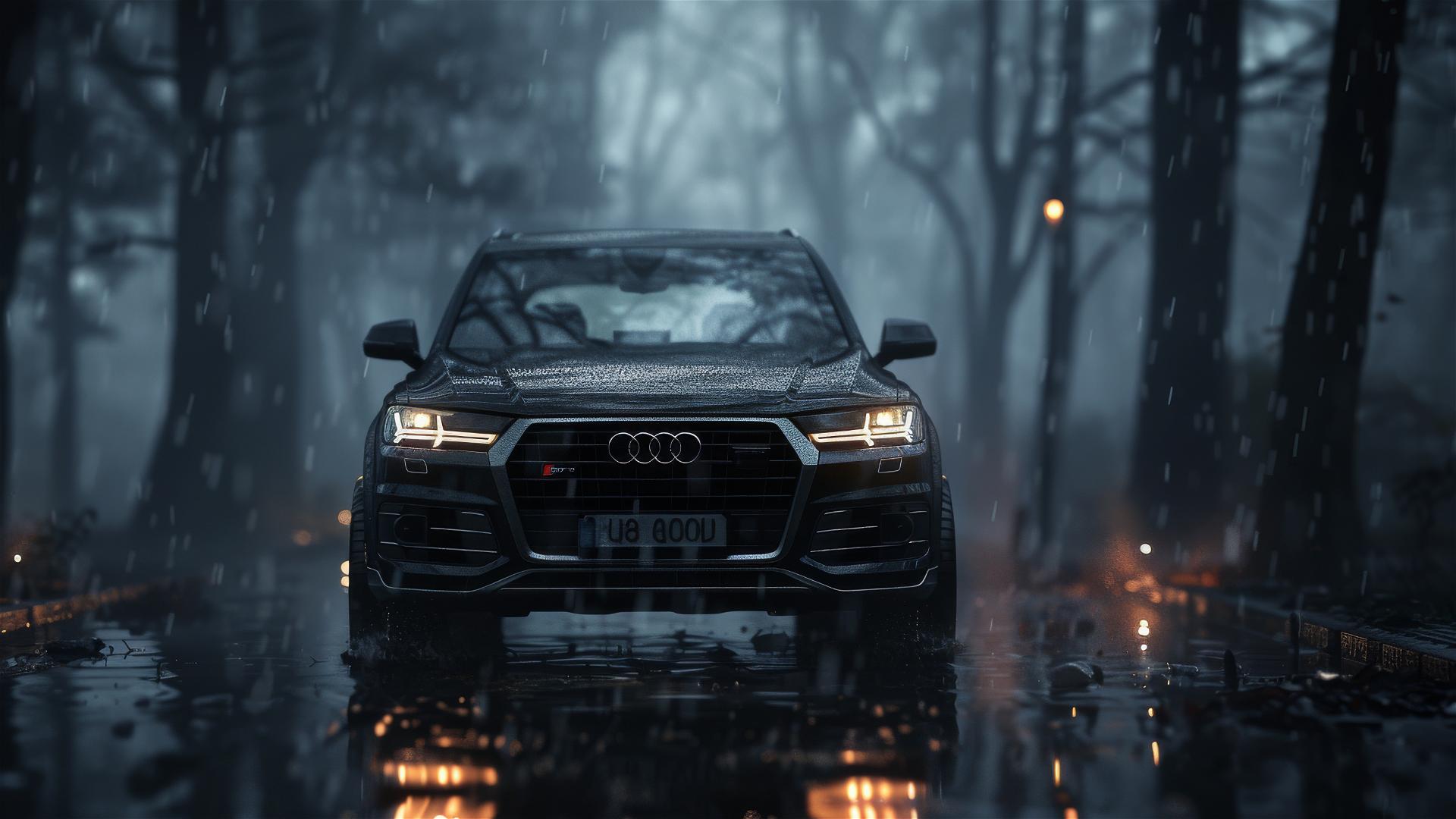 Close-up of an Audi Q7 in dim, foggy Gothic gloomy setting