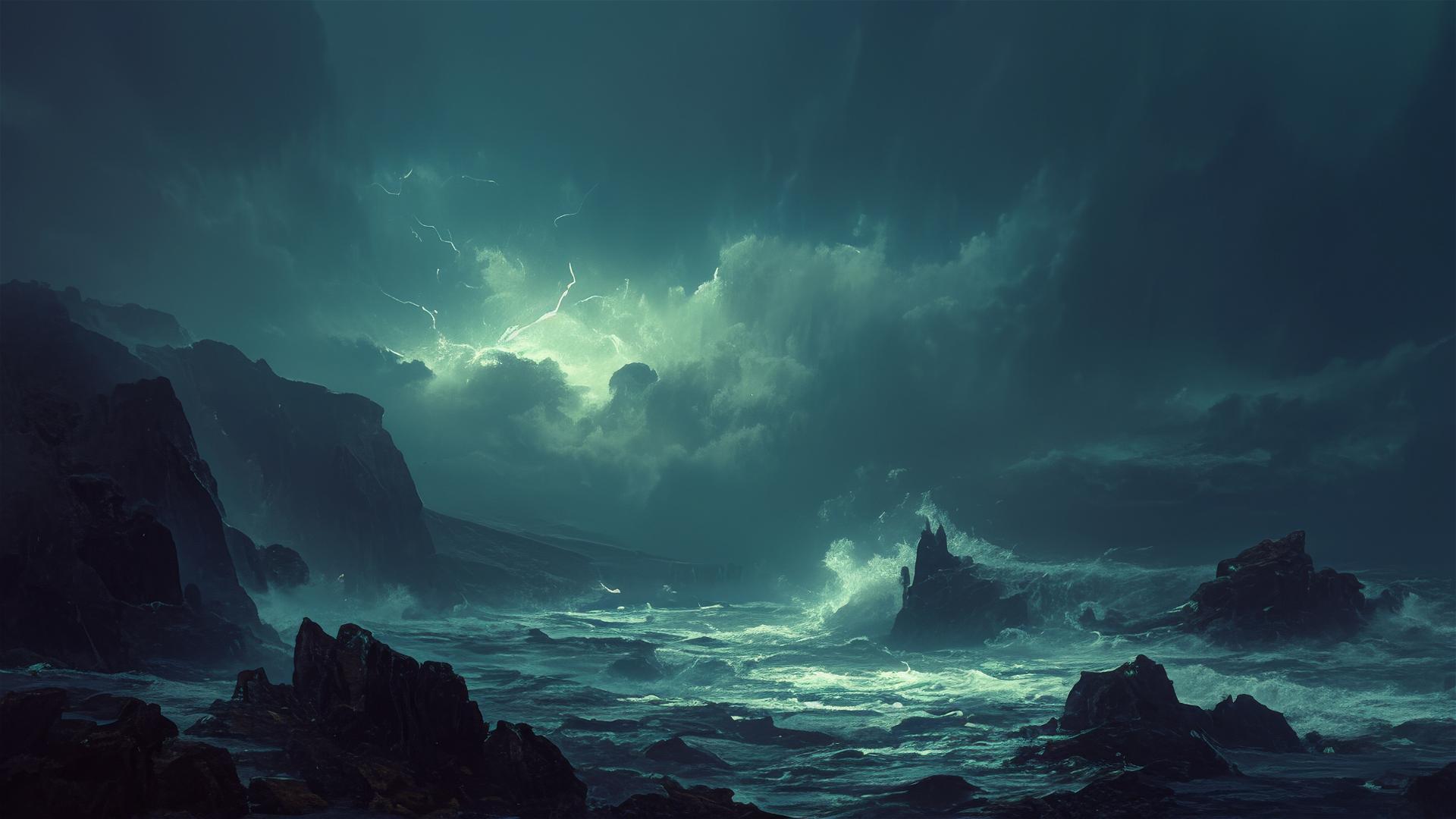 Thunderstorm over a dark cliffside with waves crashing below and spray illuminated by lightning