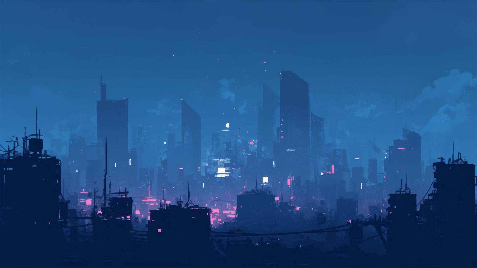 Dark cityscape with building silhouettes against navy sky