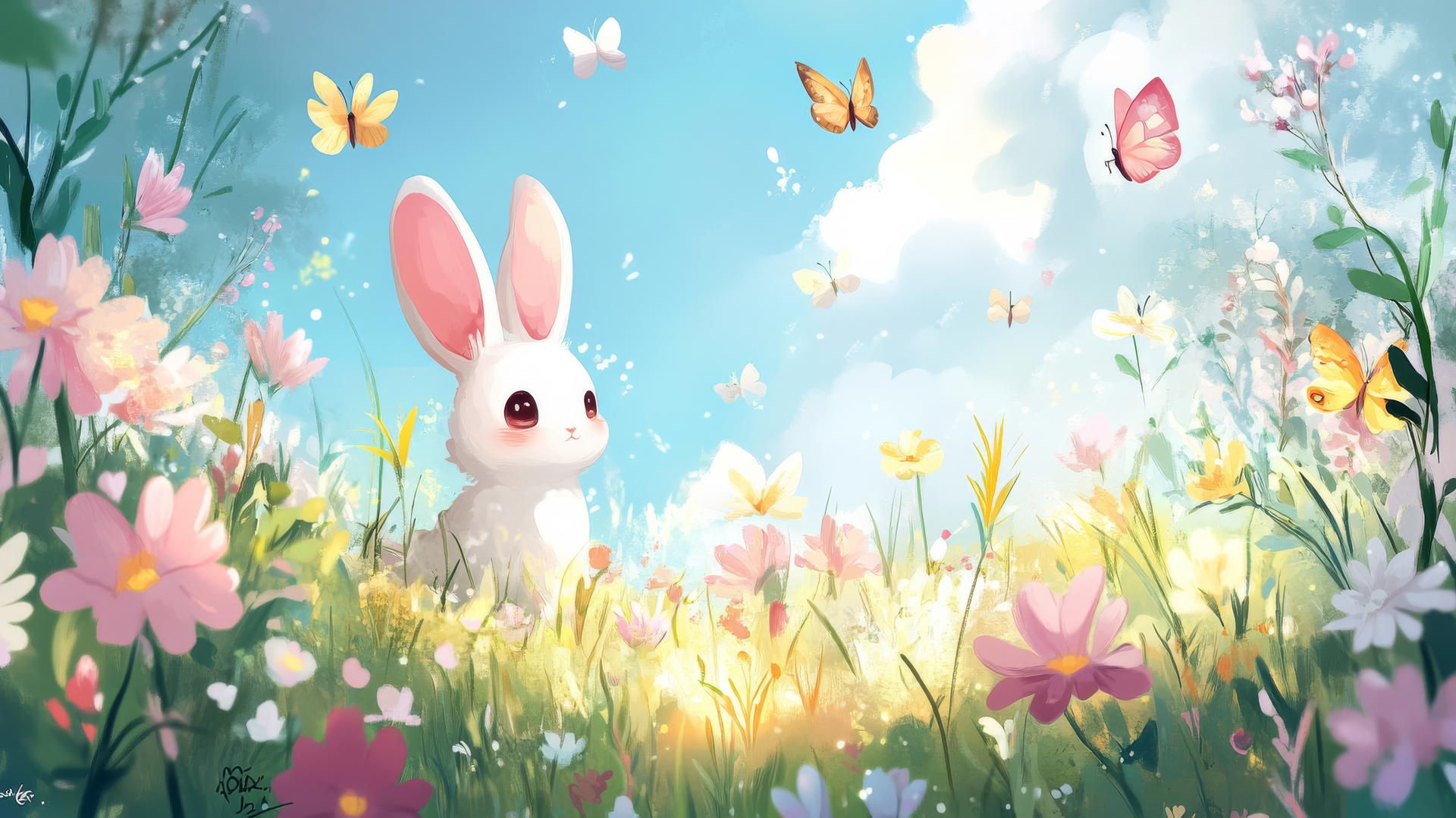 Cute spring wallpaper with chibi animals in pastel flowers and butterflies
