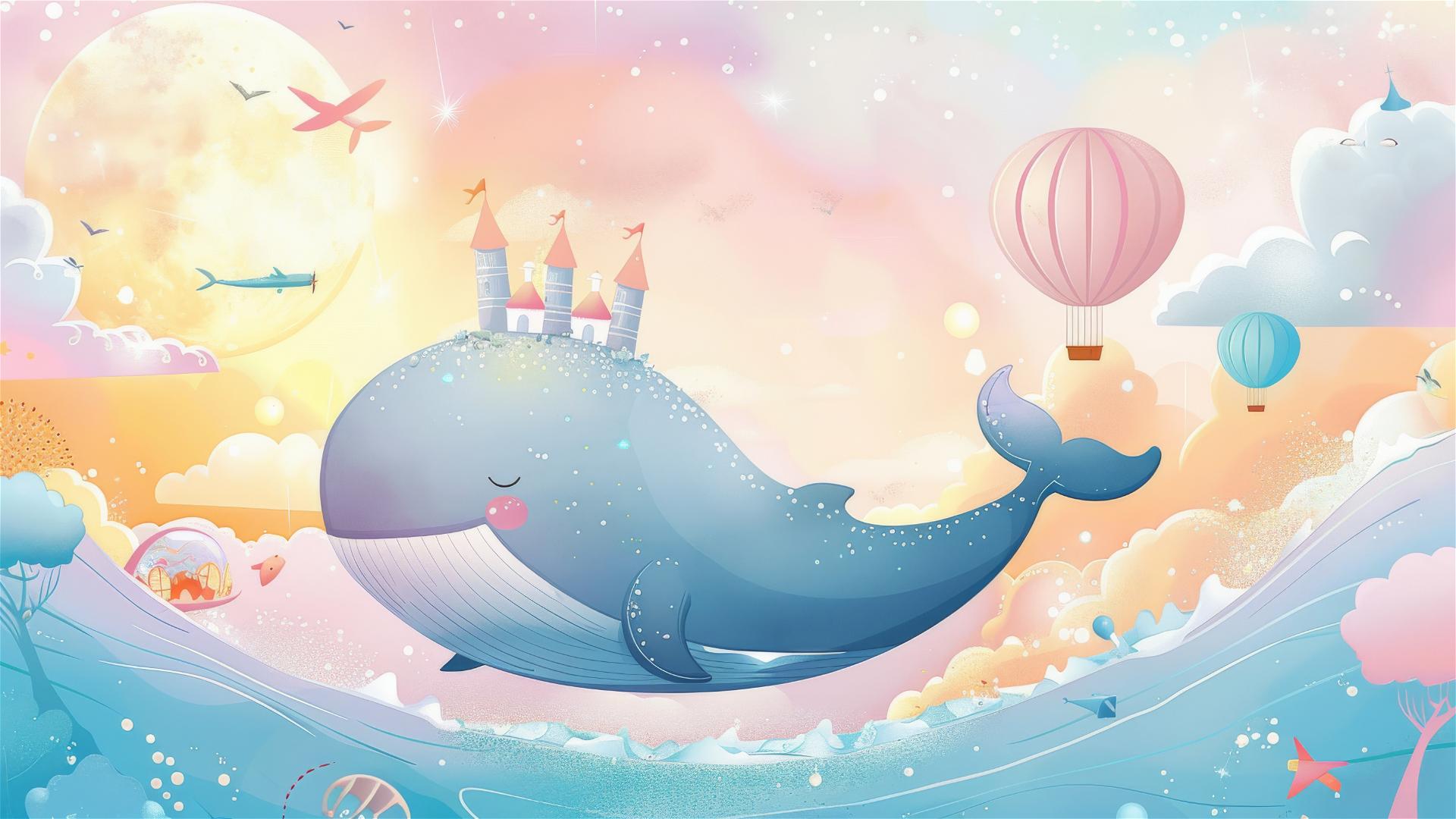 Fantasy scene with whale castle, pastel sky, moon, sun, balloons, and planes.