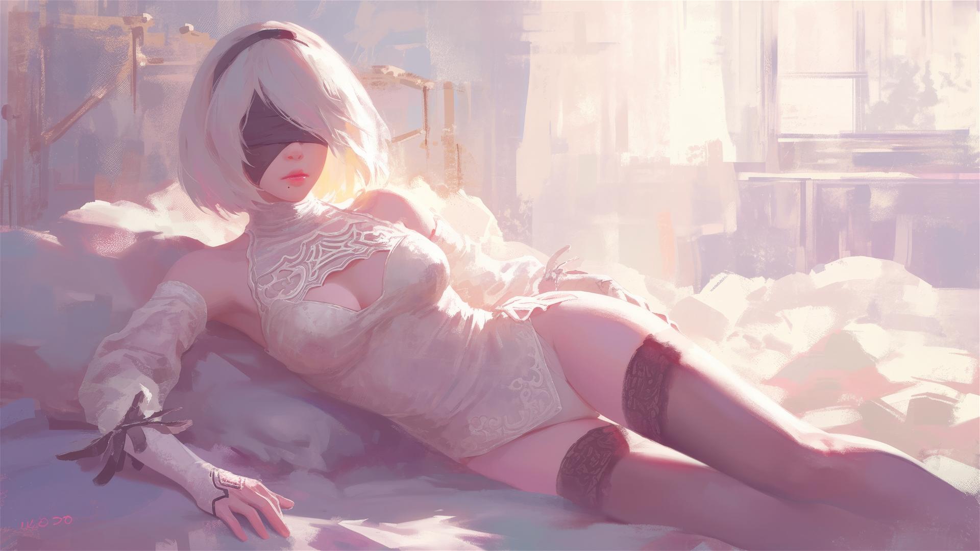 2B from Nier in white silk pajamas resting at sunrise.