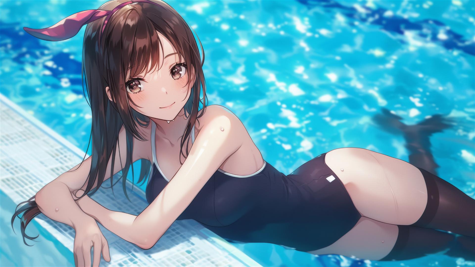 Mizuhara Chizuru resting by pool under moonlight