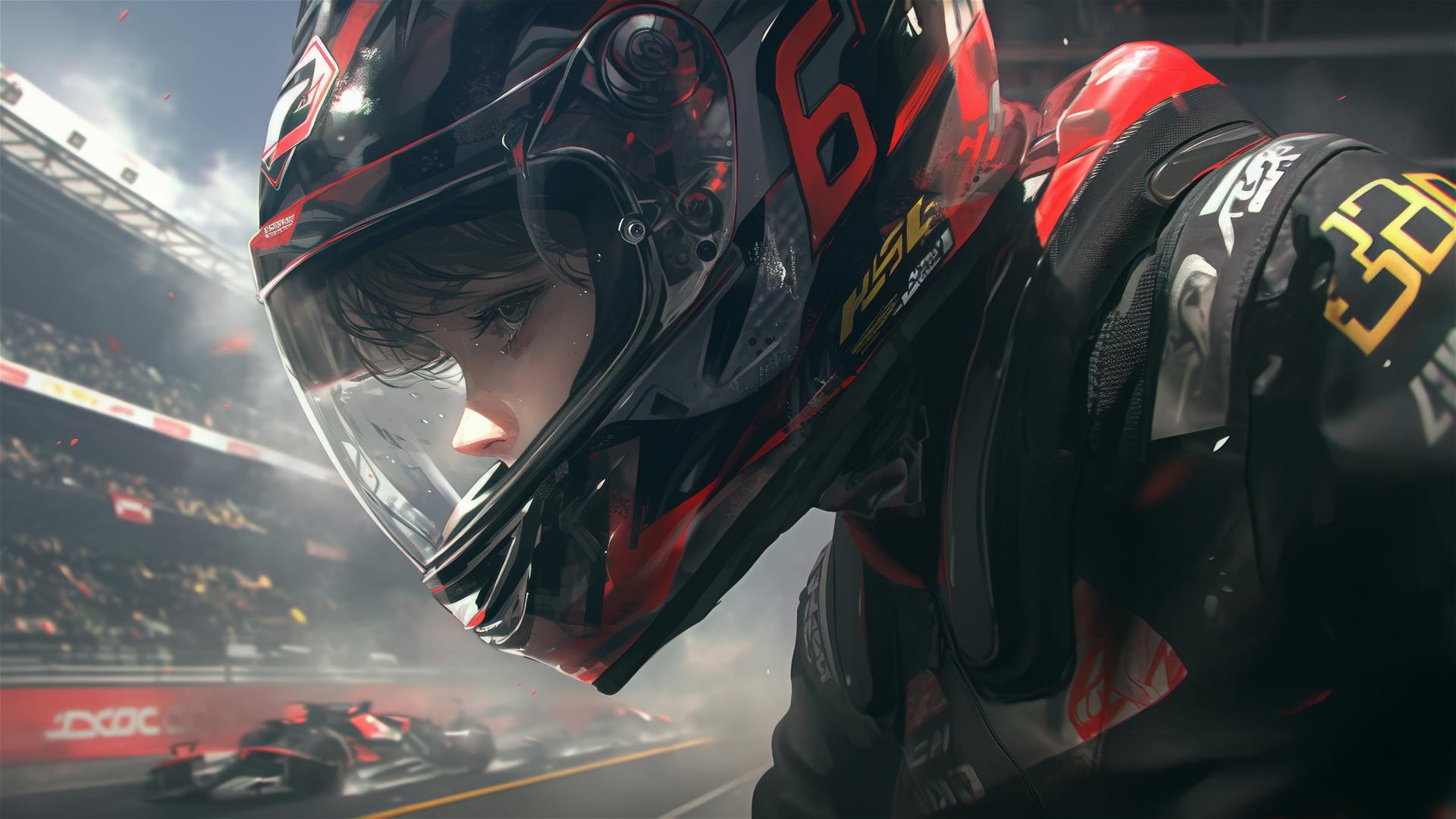 Motorsport racer girl with mask and spotlight on thigh