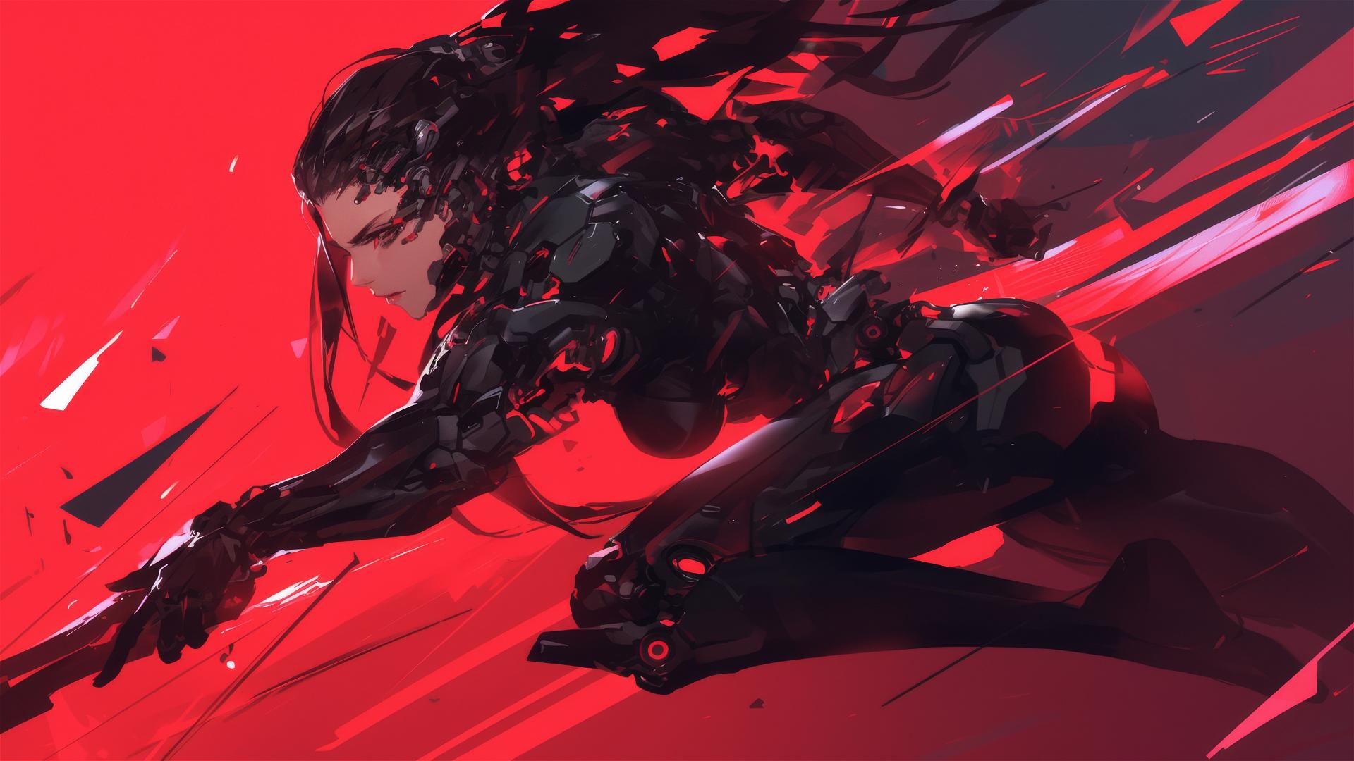 Cybernetic Agent Girl in dynamic pose with thigh focus on dark background