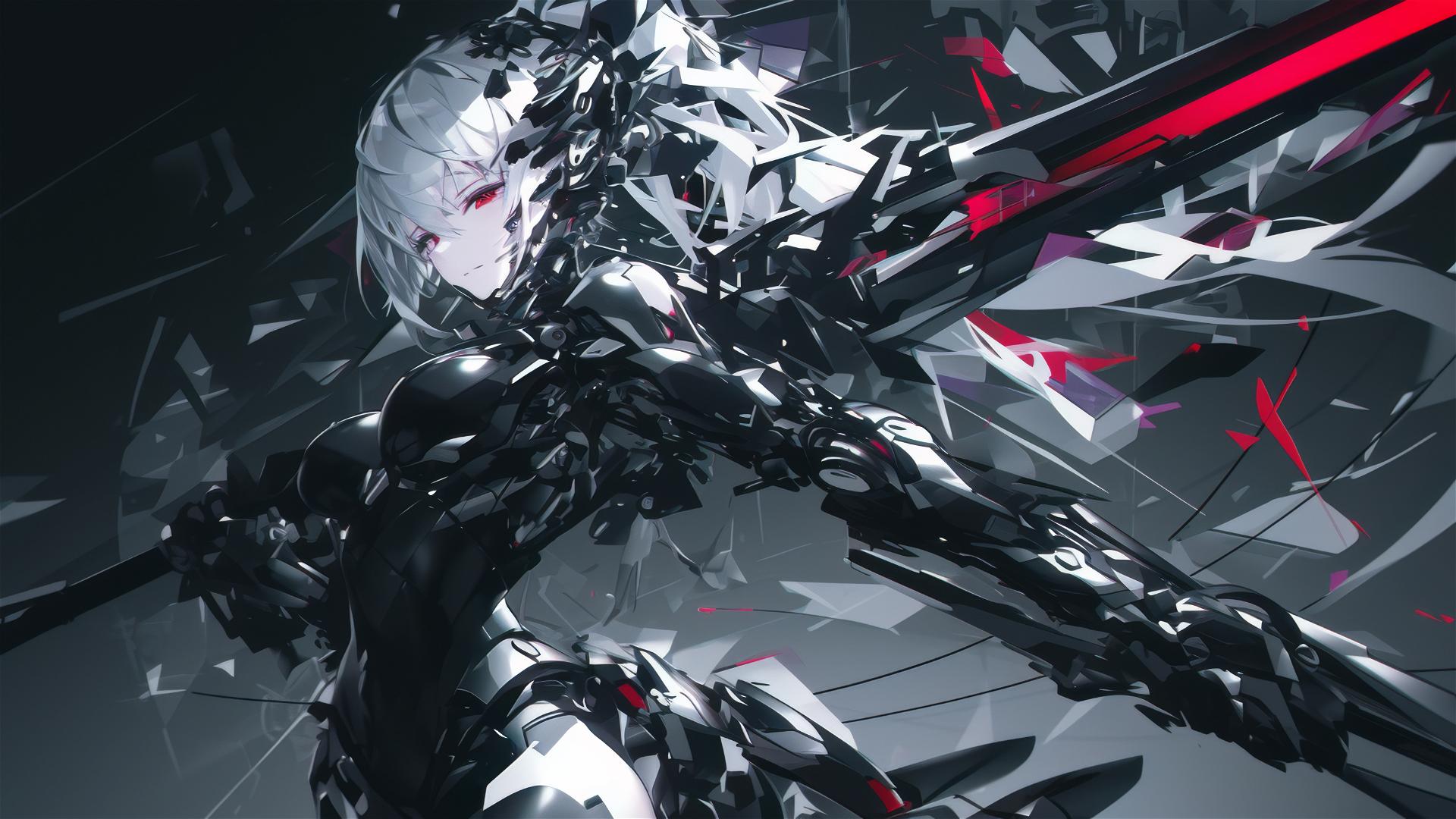 Cybernetic Agent Girl in dynamic pose with thigh focus on dark background