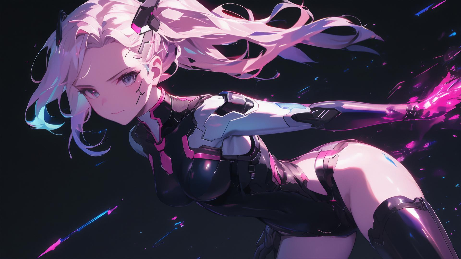 Cybernetic Agent Girl in dynamic pose with thigh focus on dark background