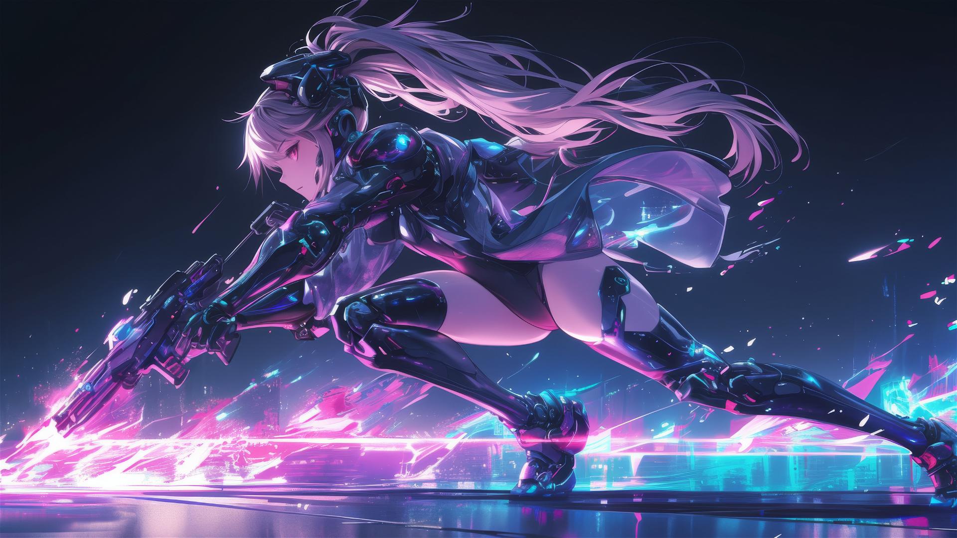 Cybernetic Agent Girl in dynamic pose with spotlight on thigh