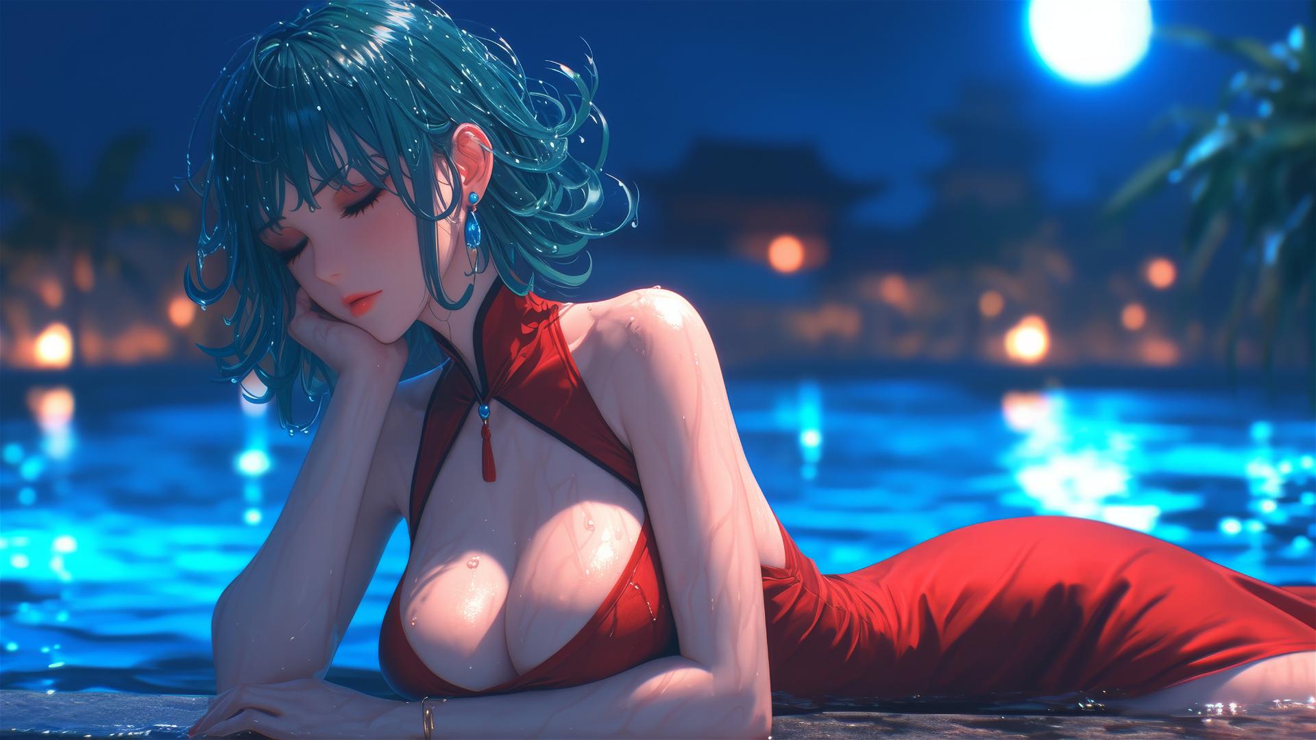 Tatsumaki from One-Punch Man resting by a pool under moonlight in a red dress, rainy ambiance
