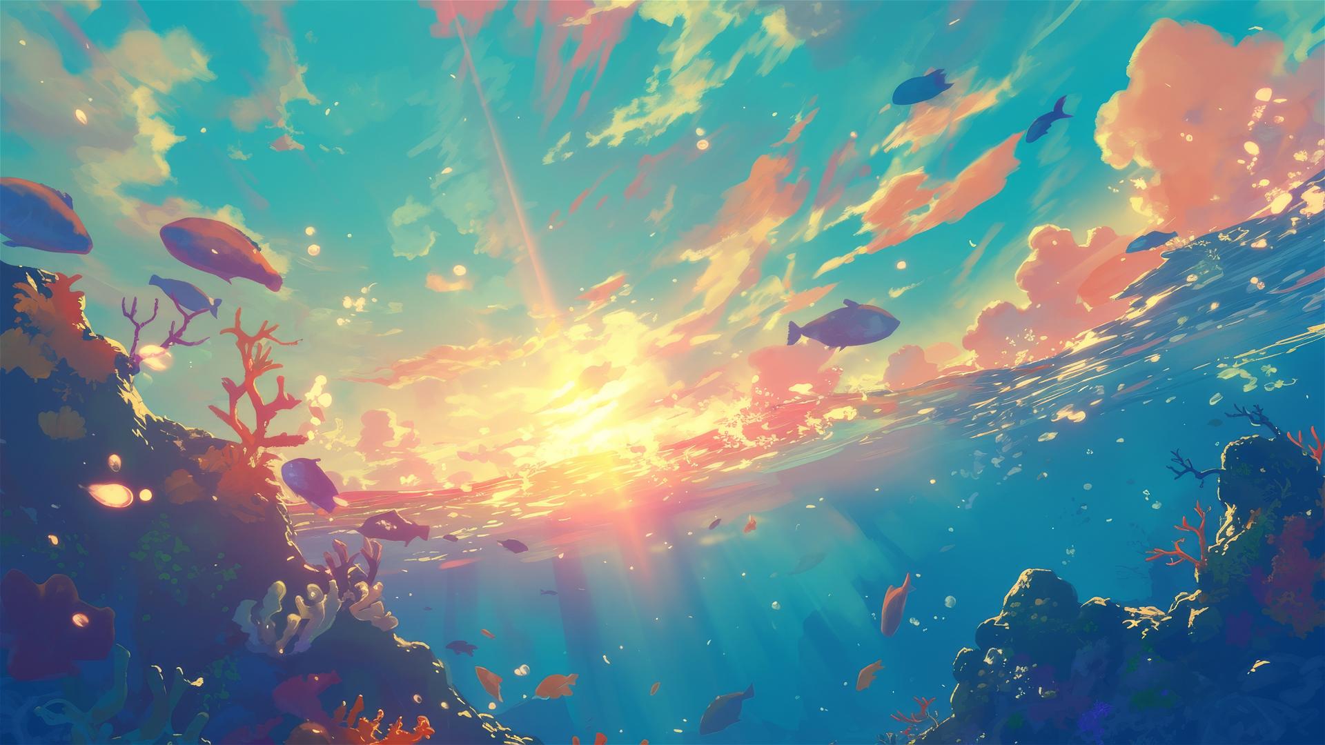 Sunset rays piercing through vibrant underwater coral reef