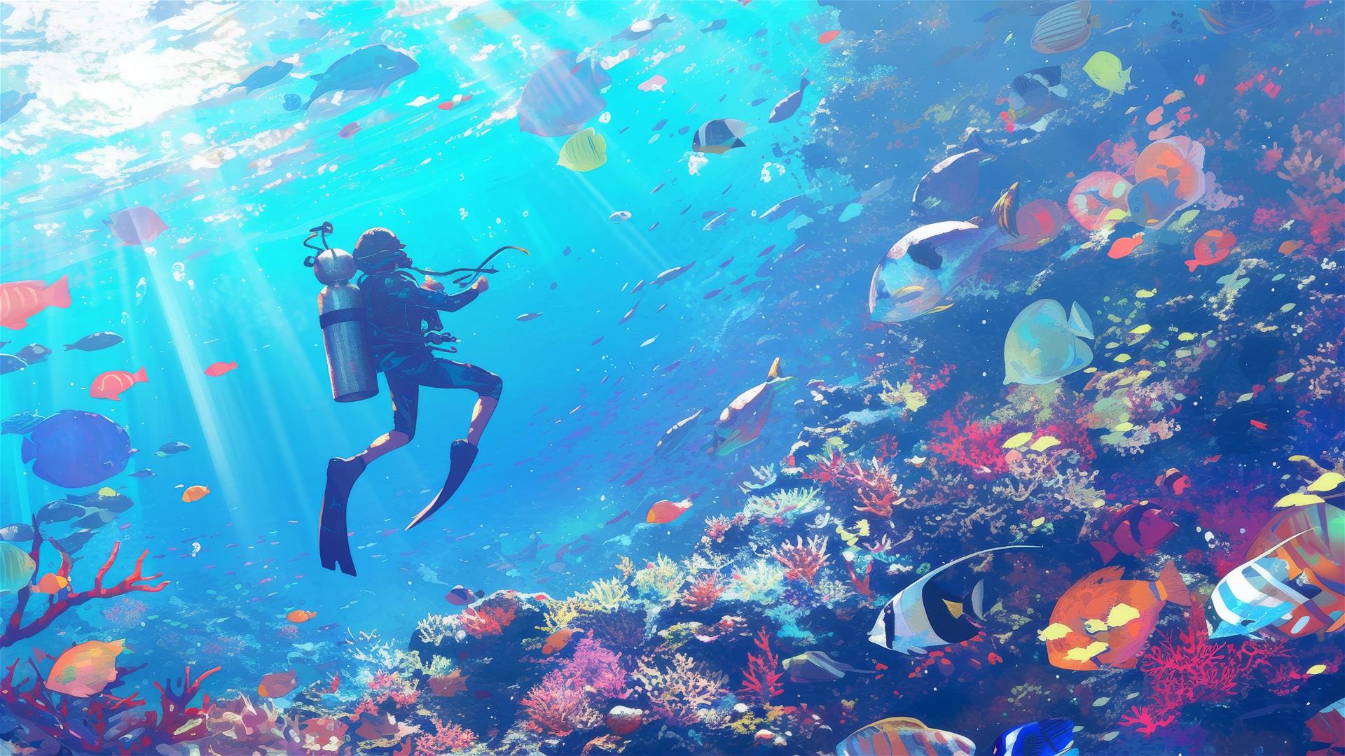 Underwater view of a rainbow-colored reef with clear water and sunlight filtering through