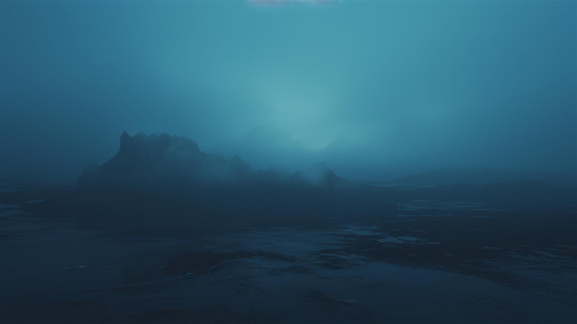 Ghostly marine life apparitions in misty coastal fog