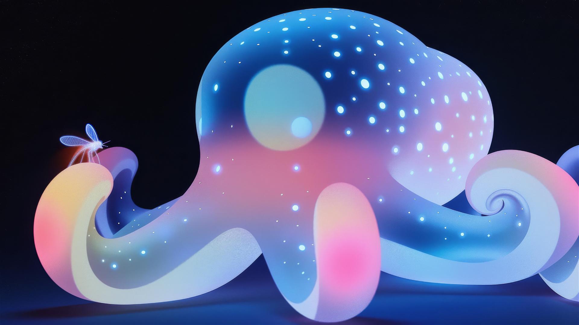 Crystal clear octopus observing a faintly glowing firefly on its tentacle