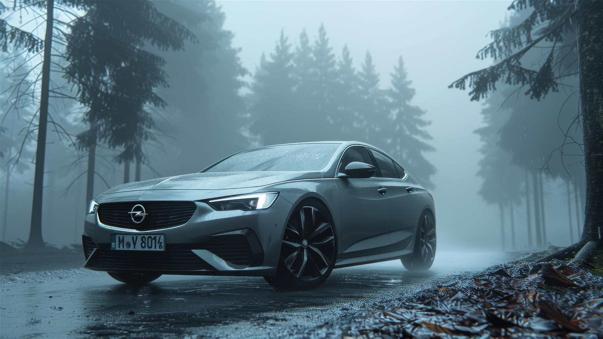 Closeup of an Opel Insignia in gothic gloomy setting with dim lighting and fog