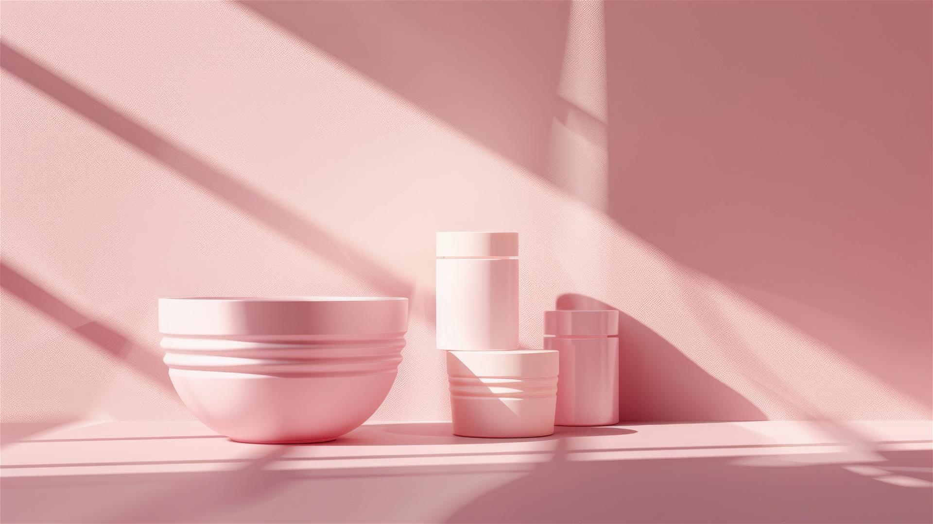 Minimalist beauty product range in rose pink with 80s lighting
