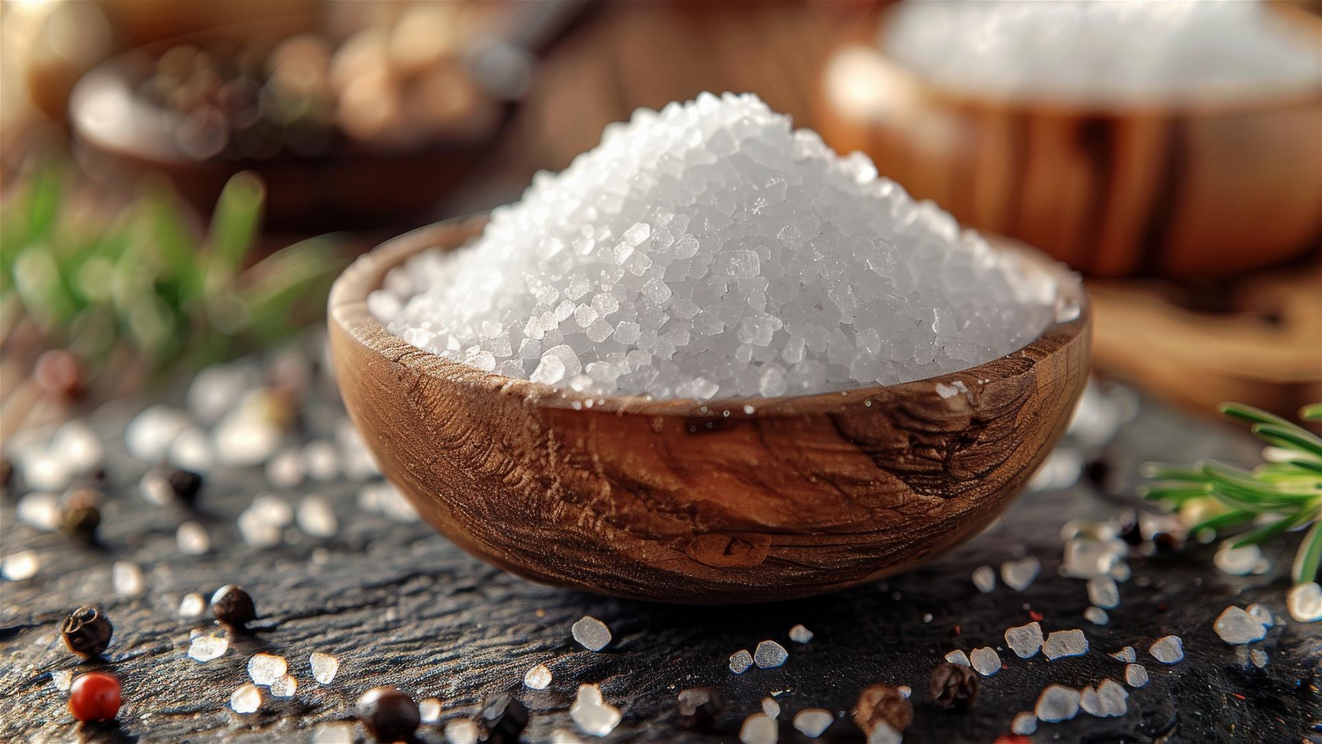 Close-up of salt on stone table with wooden background