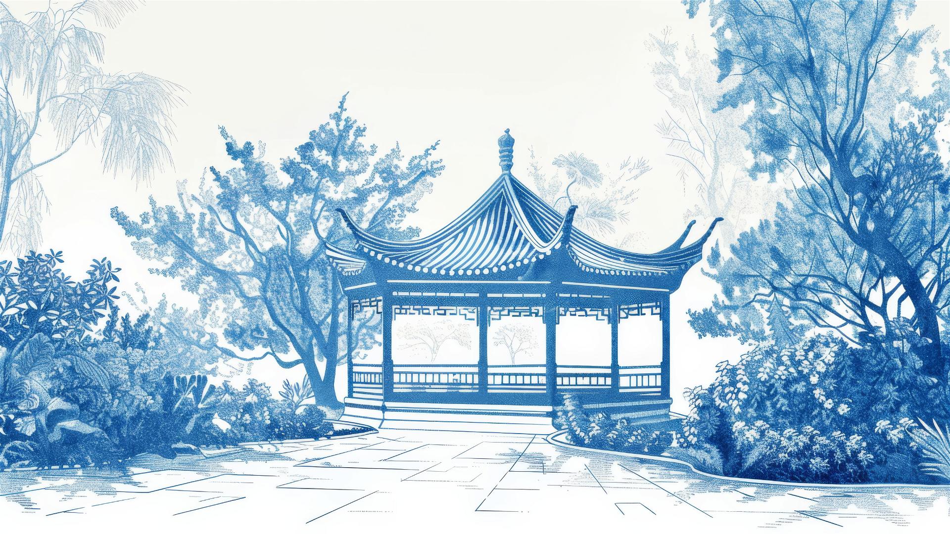 Minimalist Chinese landscape engraving, blue and white on white background.