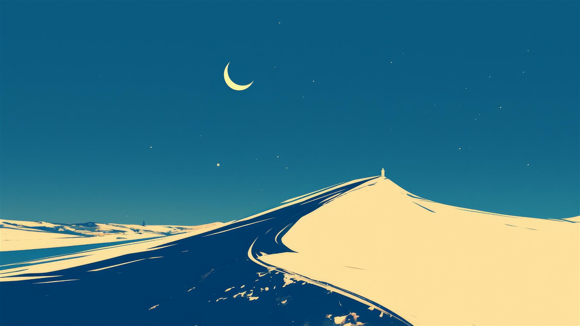 Sweeping desert dunes under a crescent moon