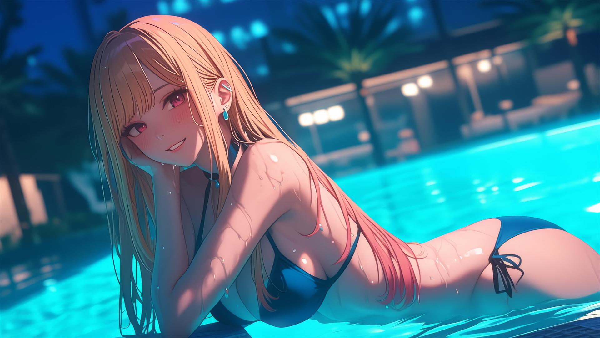 Marin Kitagawa resting at a rainy swimming pool with moonlight glow, blonde hair with pink tips.