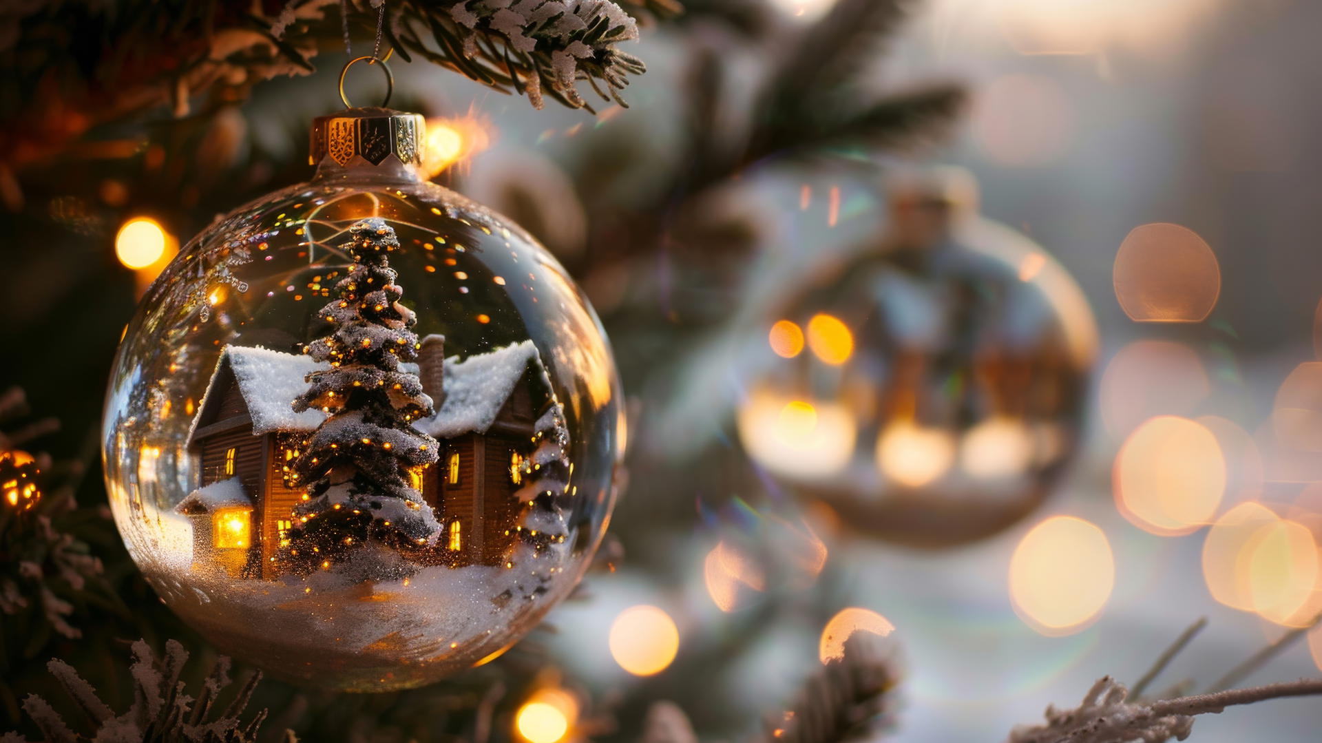 Glass Christmas balls hanging on a tree with snow-covered villages inside