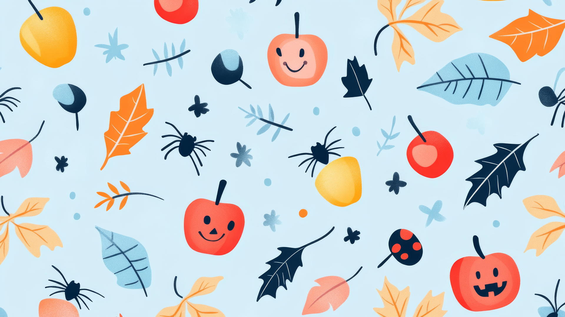 halloween wallpaper preppy with cute spiders, candy apples, and autumn leaves on pastel blue