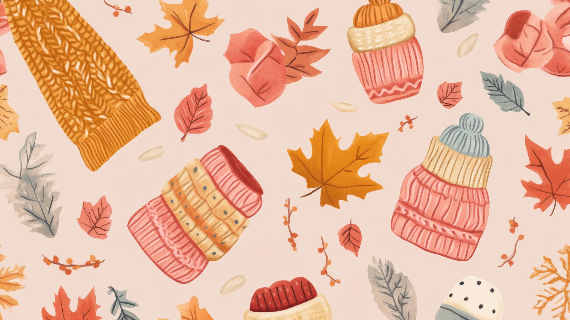 preppy fall wallpaper with cozy knit sweaters, scarves, and woolen mittens on a pastel pink background