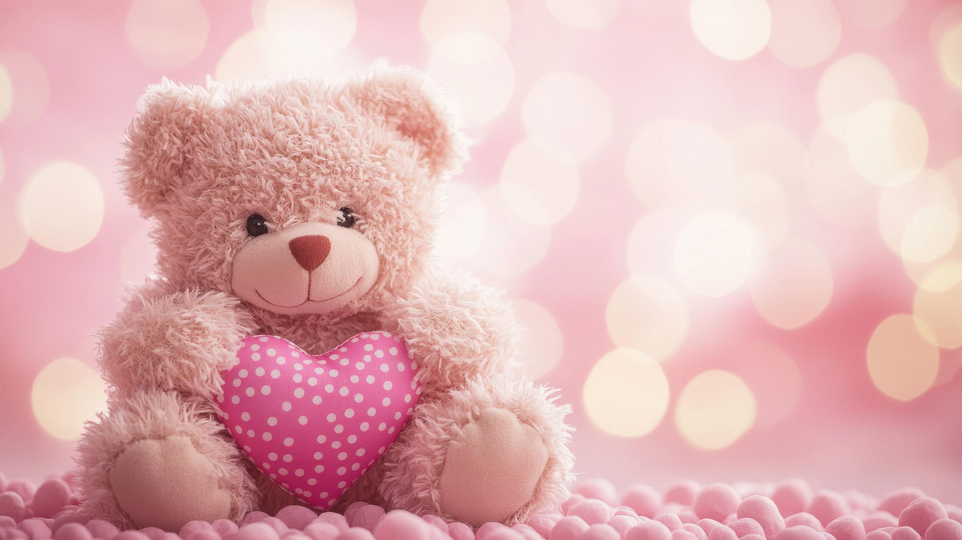 pink cute wallpaper with teddy bear holding a heart on a polka-dotted background