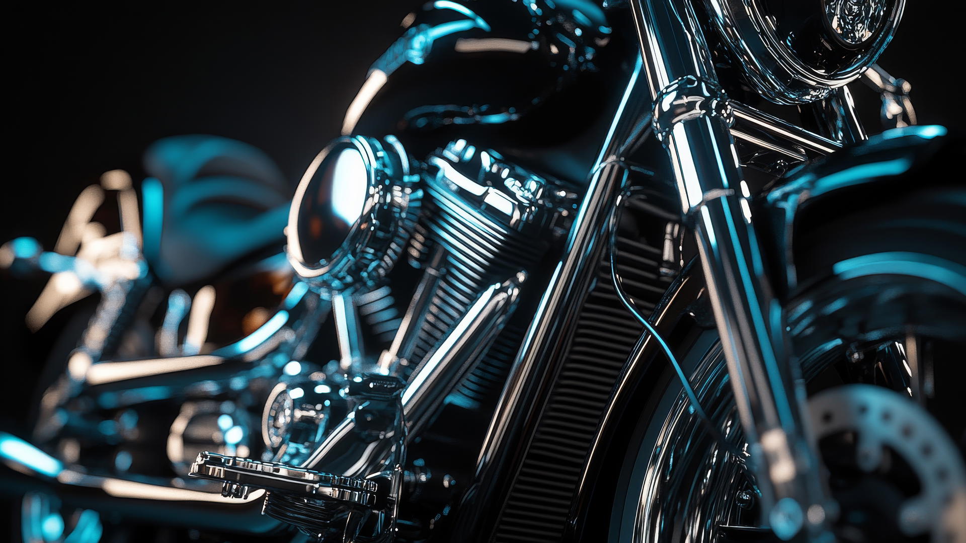 A detailed close-up of a black motorcycle with chrome accents against a dark background, aesthetic black wallpaper.
