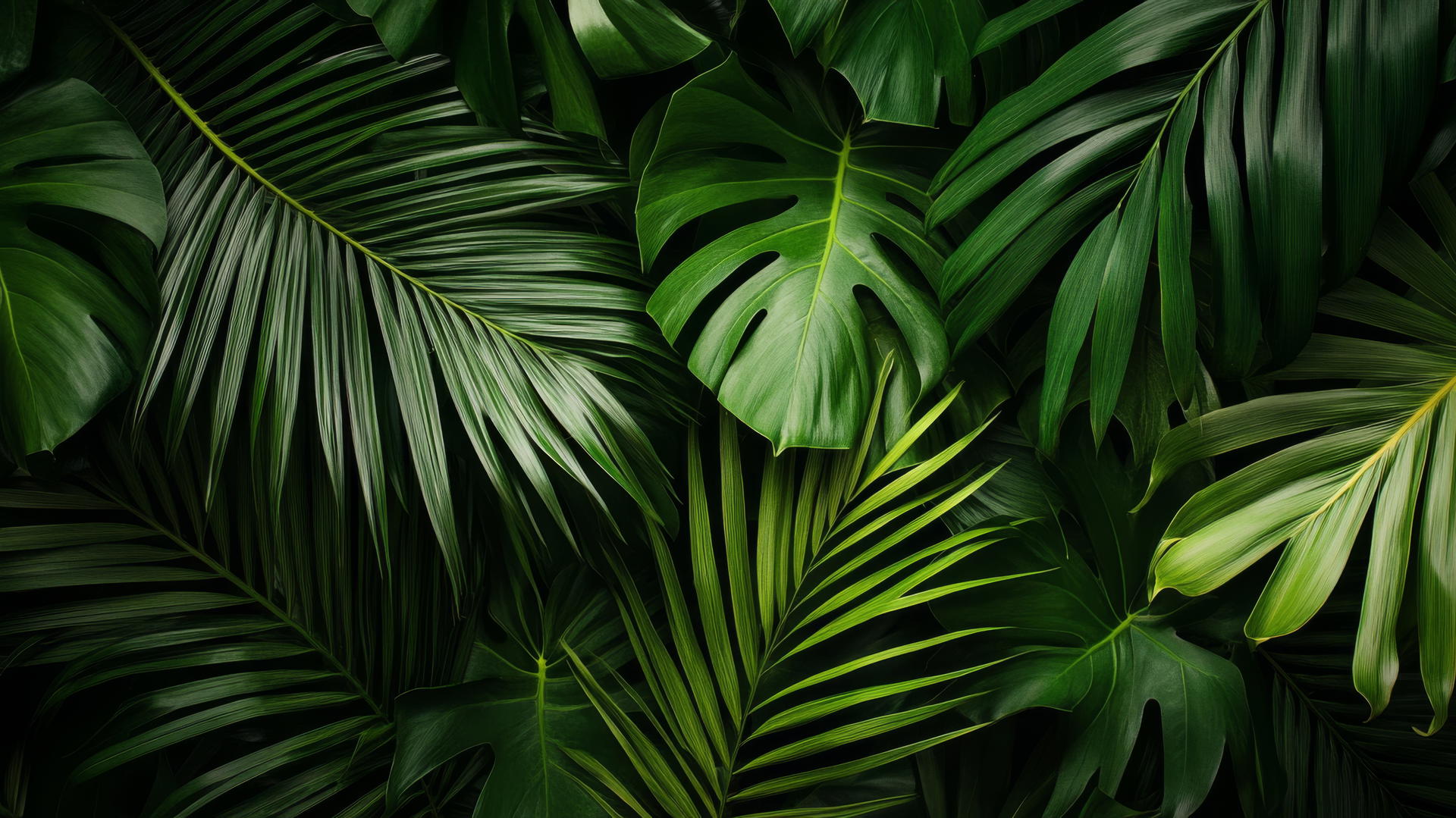 detailed close-up of tropical palm leaves with intricate textures and vibrant green hues, green wallpaper