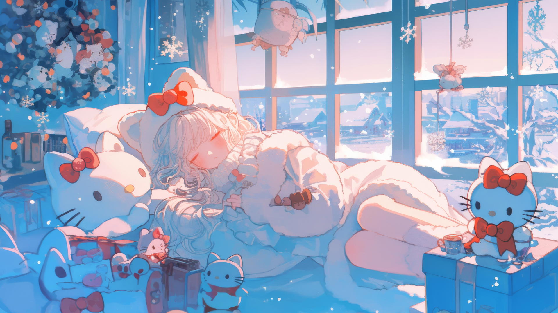 Aesthetic Hello Kitty wallpaper with winter wonderland theme, snowflakes, and warm clothes.