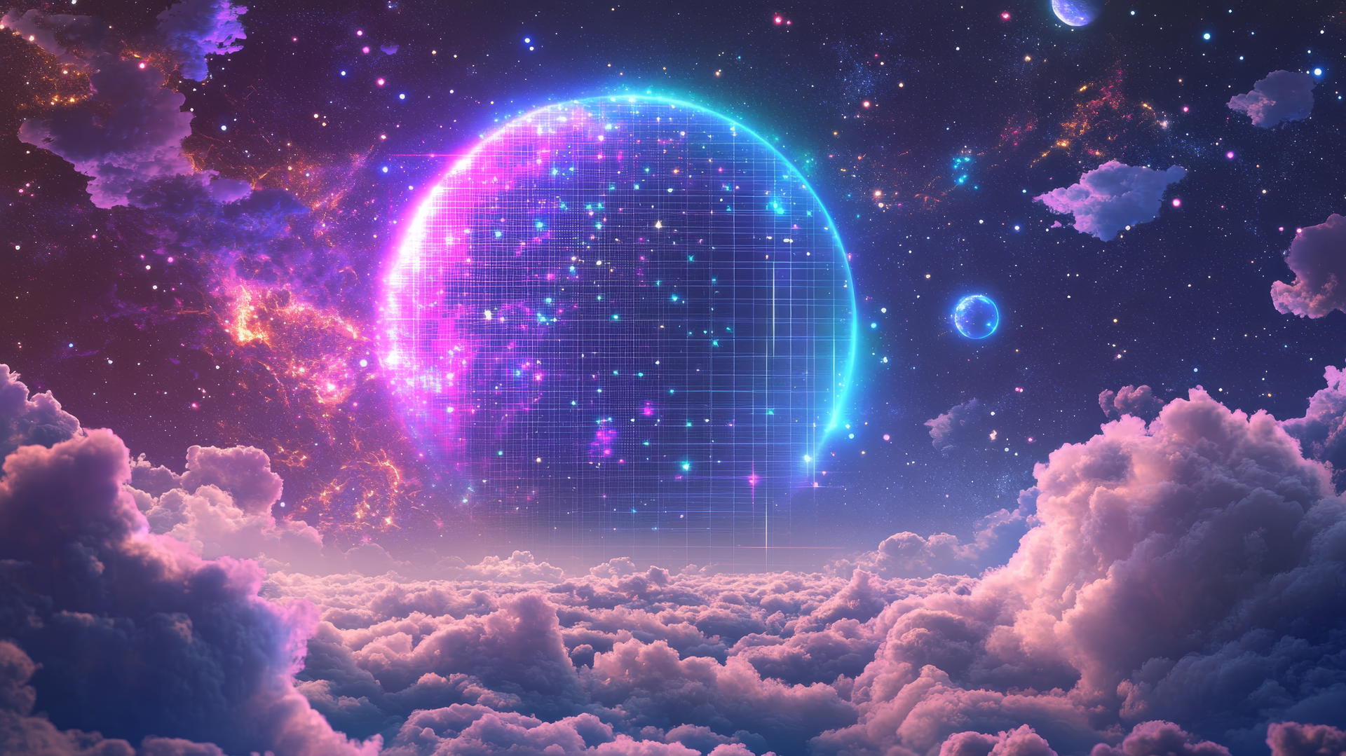 y2k star wallpaper with glowing neon star constellations, pixelated clouds, digital moon with holographic effects